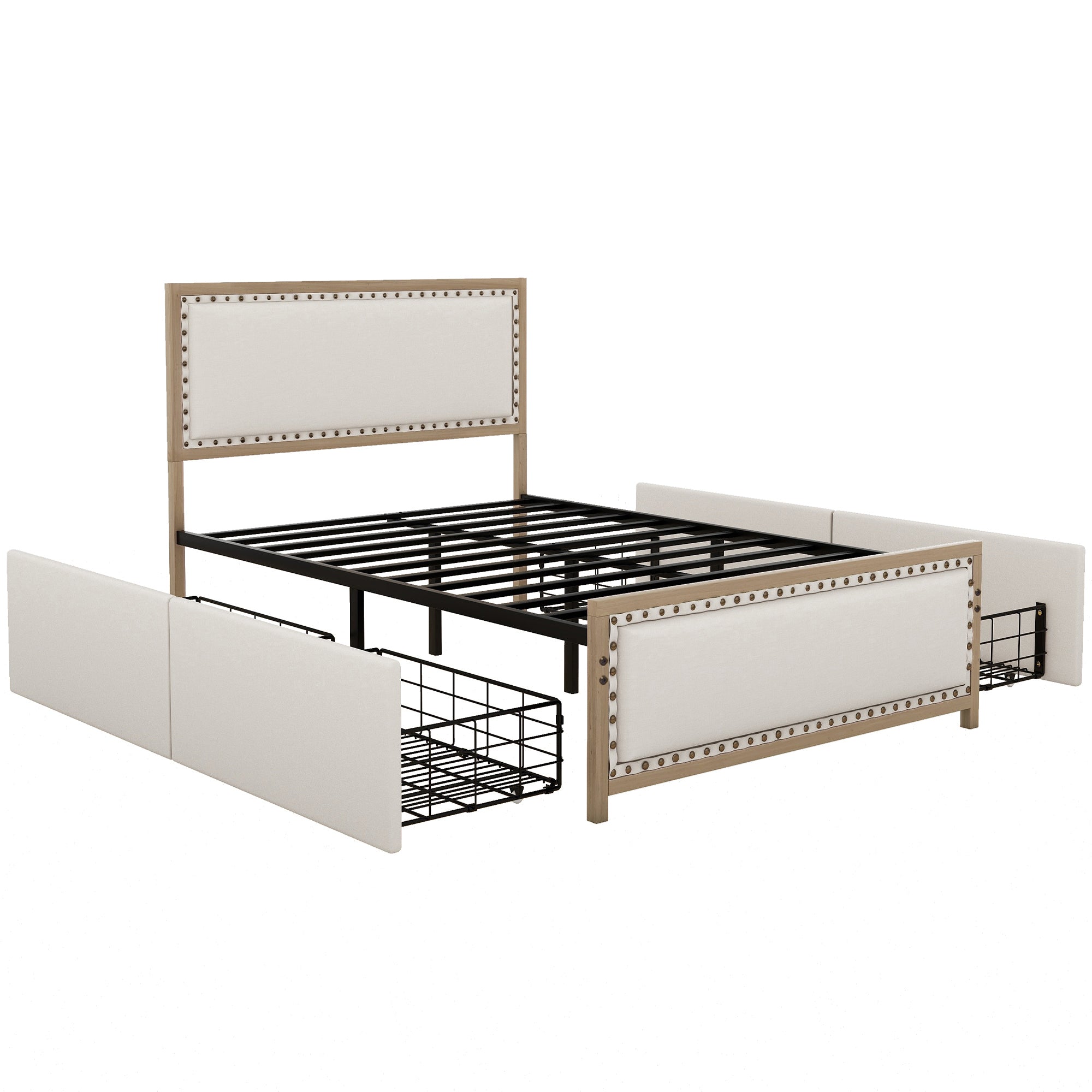 Full Size Upholstered Platform Bed with Nailhead Decoration and 4 Drawers, Brown - Atlantic Fine Furniture Melbourne FL