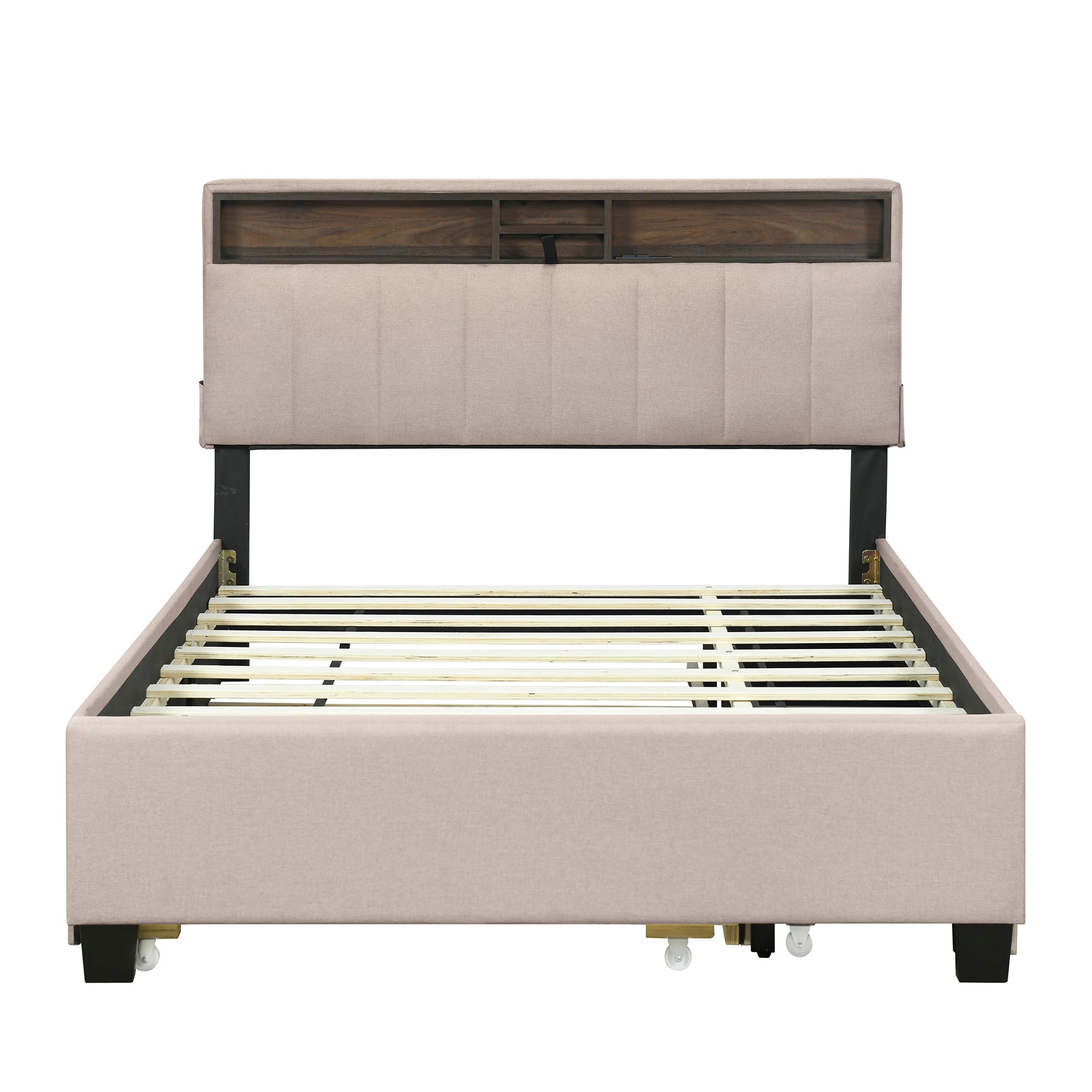 Full size Upholstered Platform Bed with Storage Headboard, Twin Size Trundle & 2 drawers and a set of Sockets & USB Ports, Linen Fabric, Beige - Atlantic Fine Furniture Melbourne FL
