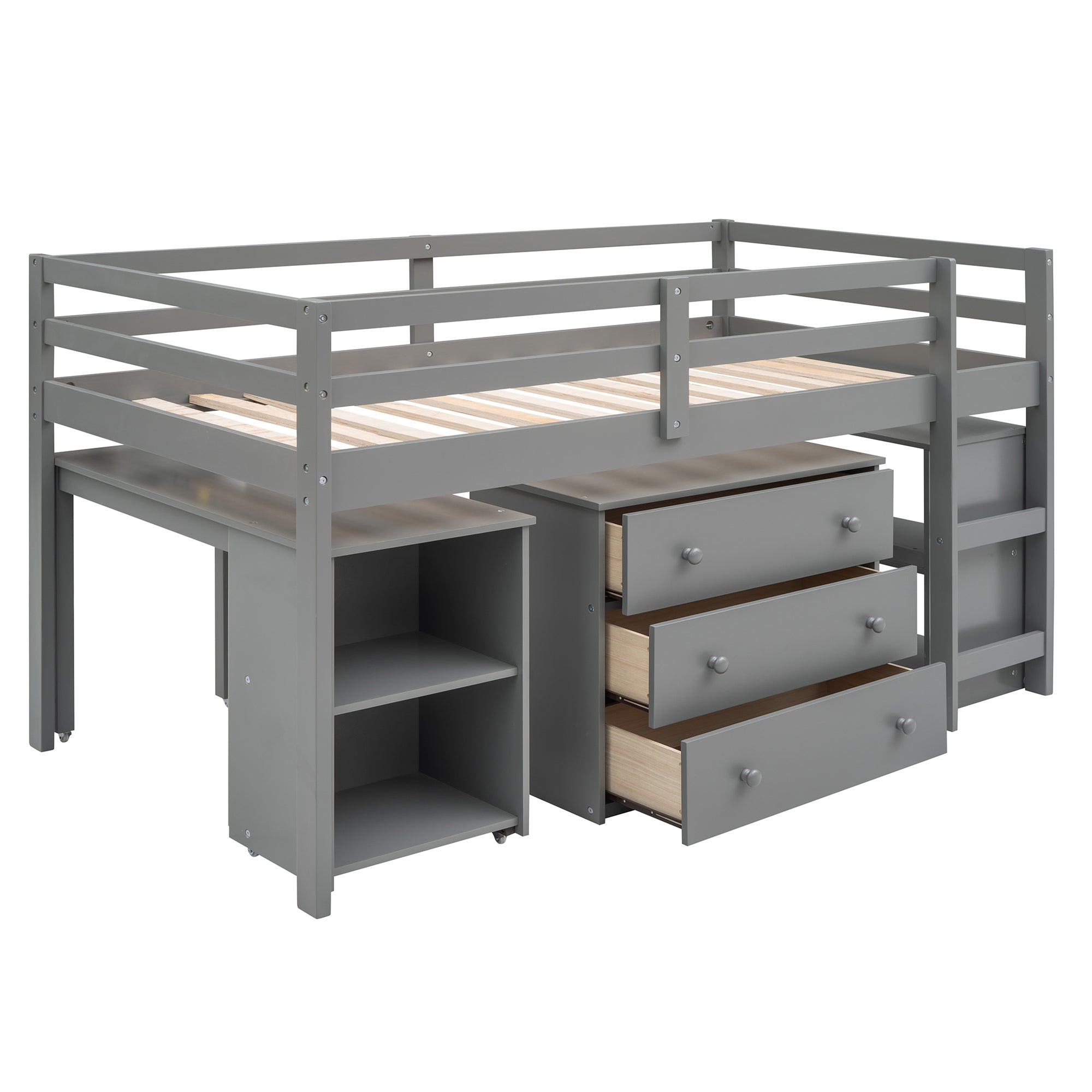 Low Study Twin Loft Bed with Cabinet and Rolling Portable Desk - Gray (OLD SKU :LP000113AAE) - Atlantic Fine Furniture Melbourne FL