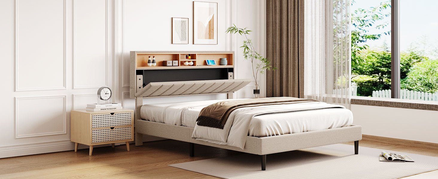 Queen Size Upholstered Platform Bed with Storage Headboard and USB Port, Linen Fabric Upholstered Bed (Beige)