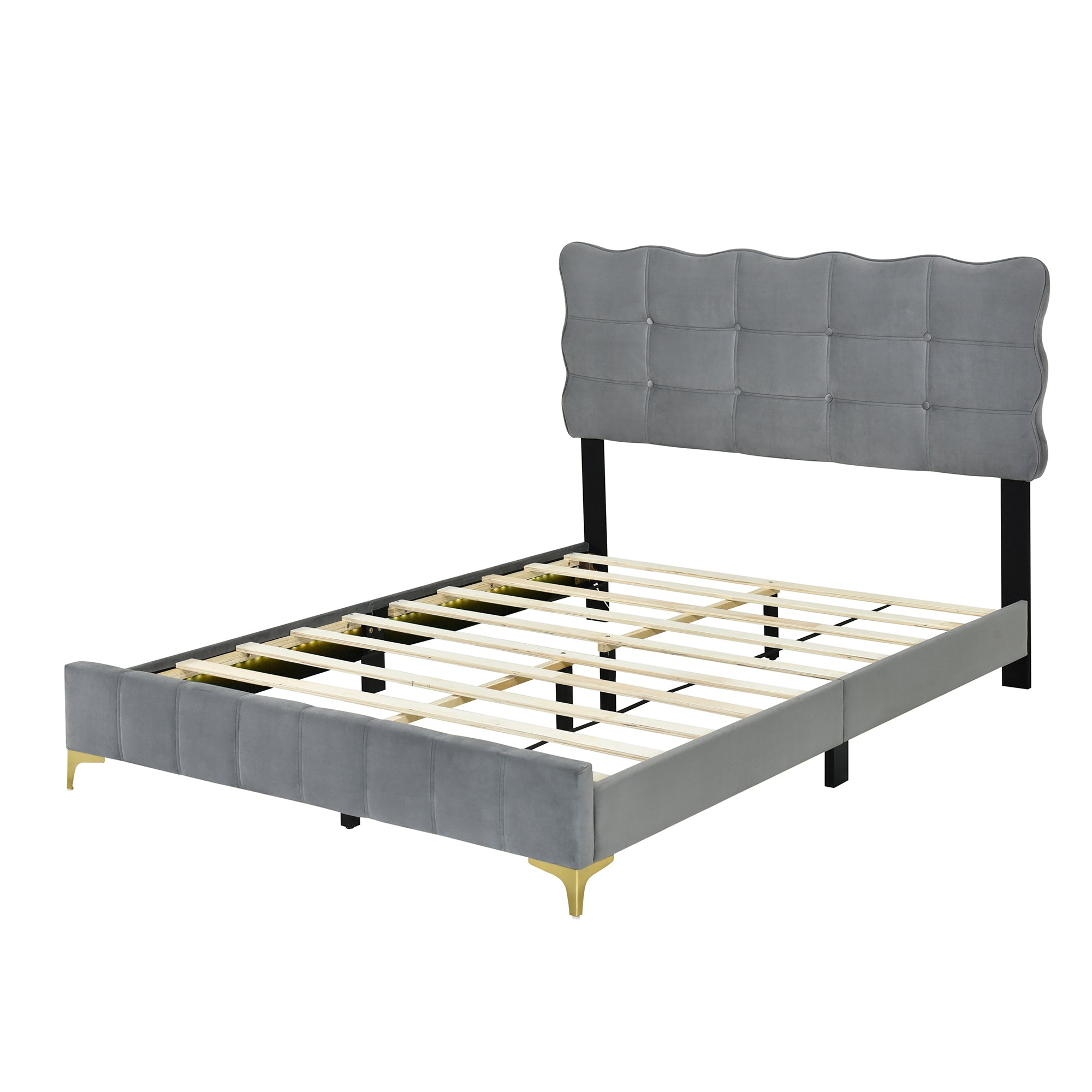 Full Size Velvet Platform Bed with LED Frame and Stylish Mental Bed Legs, Gray - Atlantic Fine Furniture Melbourne FL