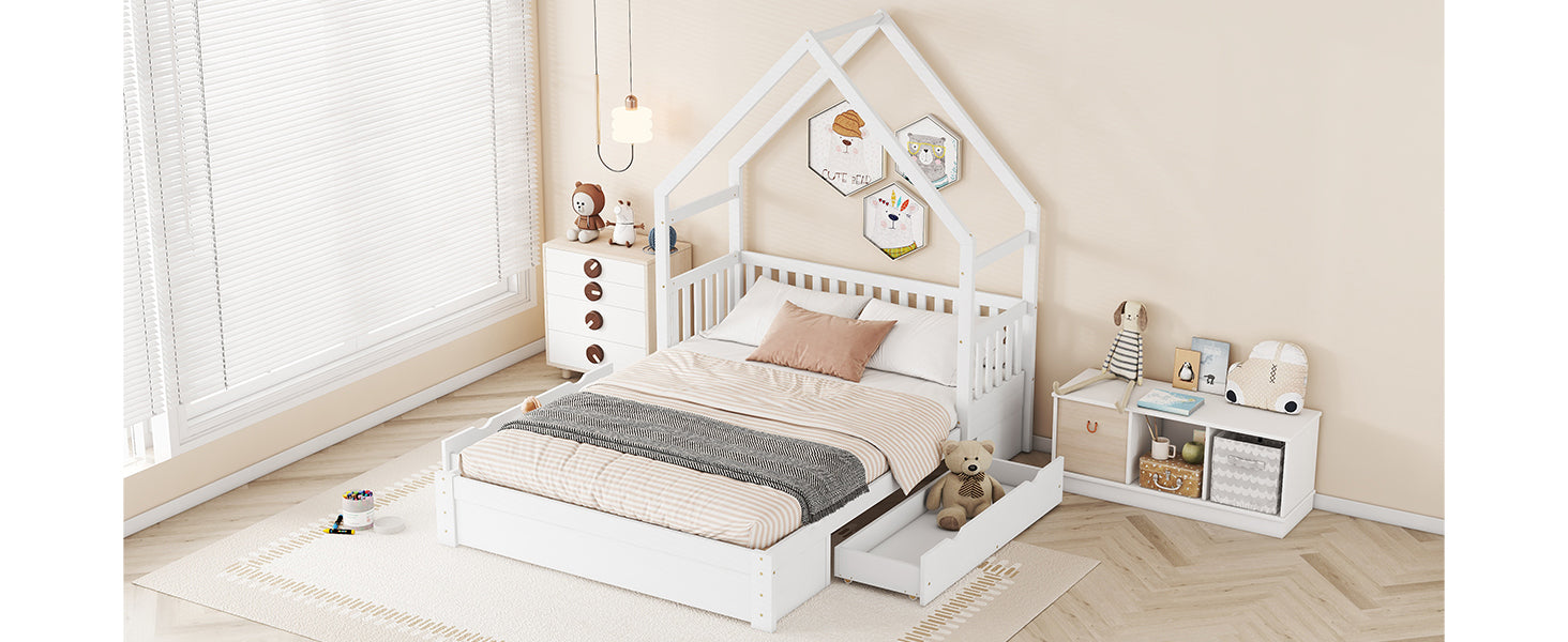 Wood Queen Size House Platform Bed with Guardrail and 2 Drawers, White (Expected Arrival Time:4.26) - Atlantic Fine Furniture Melbourne FL