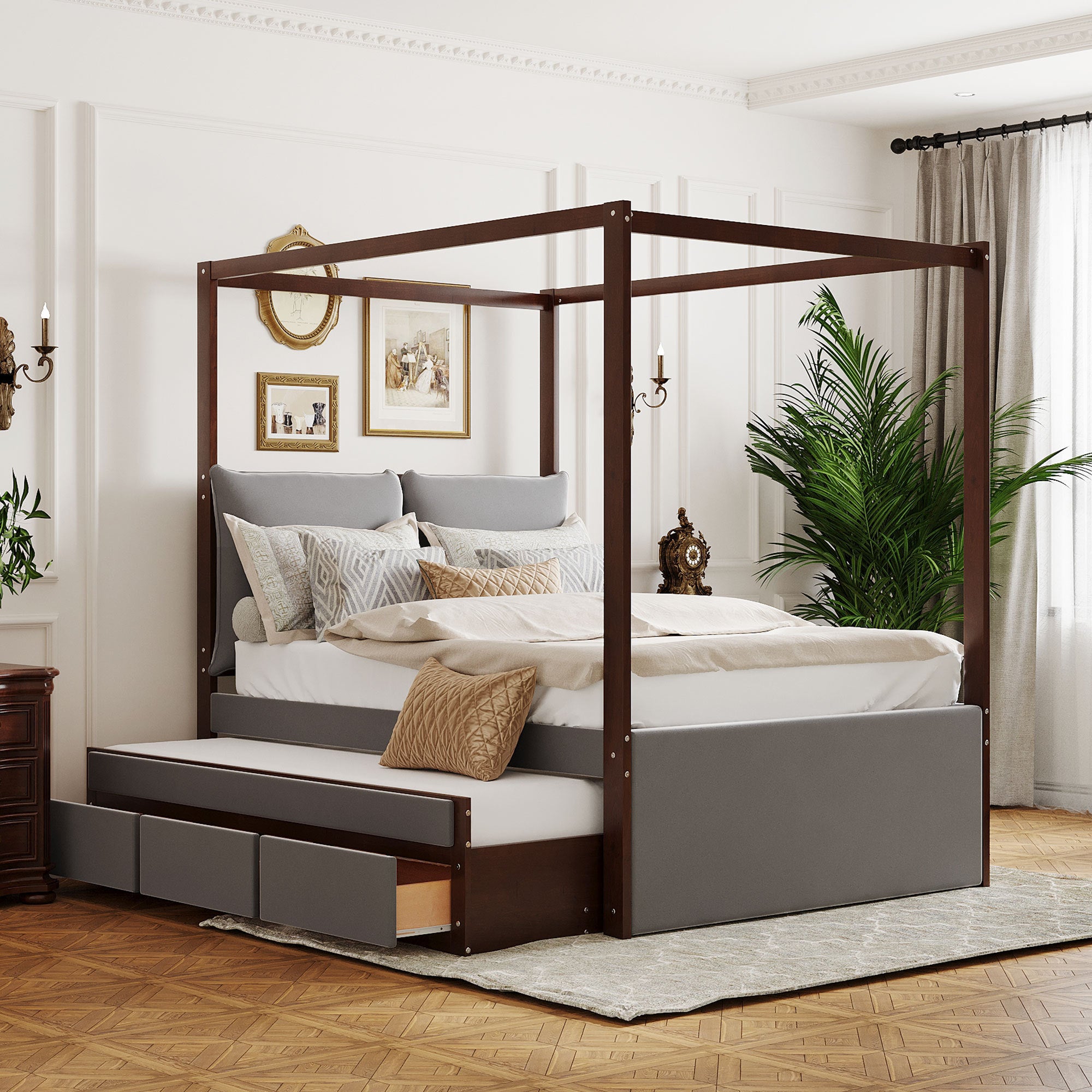Full Size Upholstered Canopy Bed with Trundle and 3 Drawers, Gray - Atlantic Fine Furniture Melbourne FL