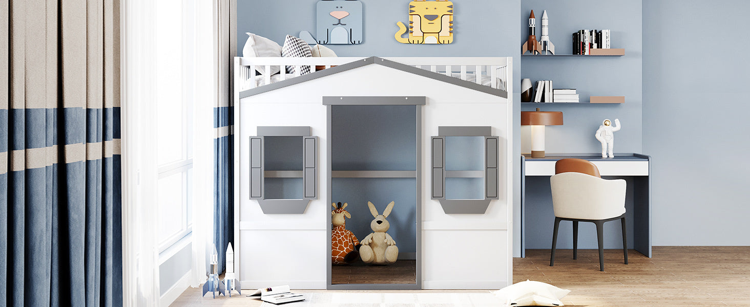 Full Size House Loft Bed With Ladder-White+Gray Frame - Atlantic Fine Furniture Melbourne FL