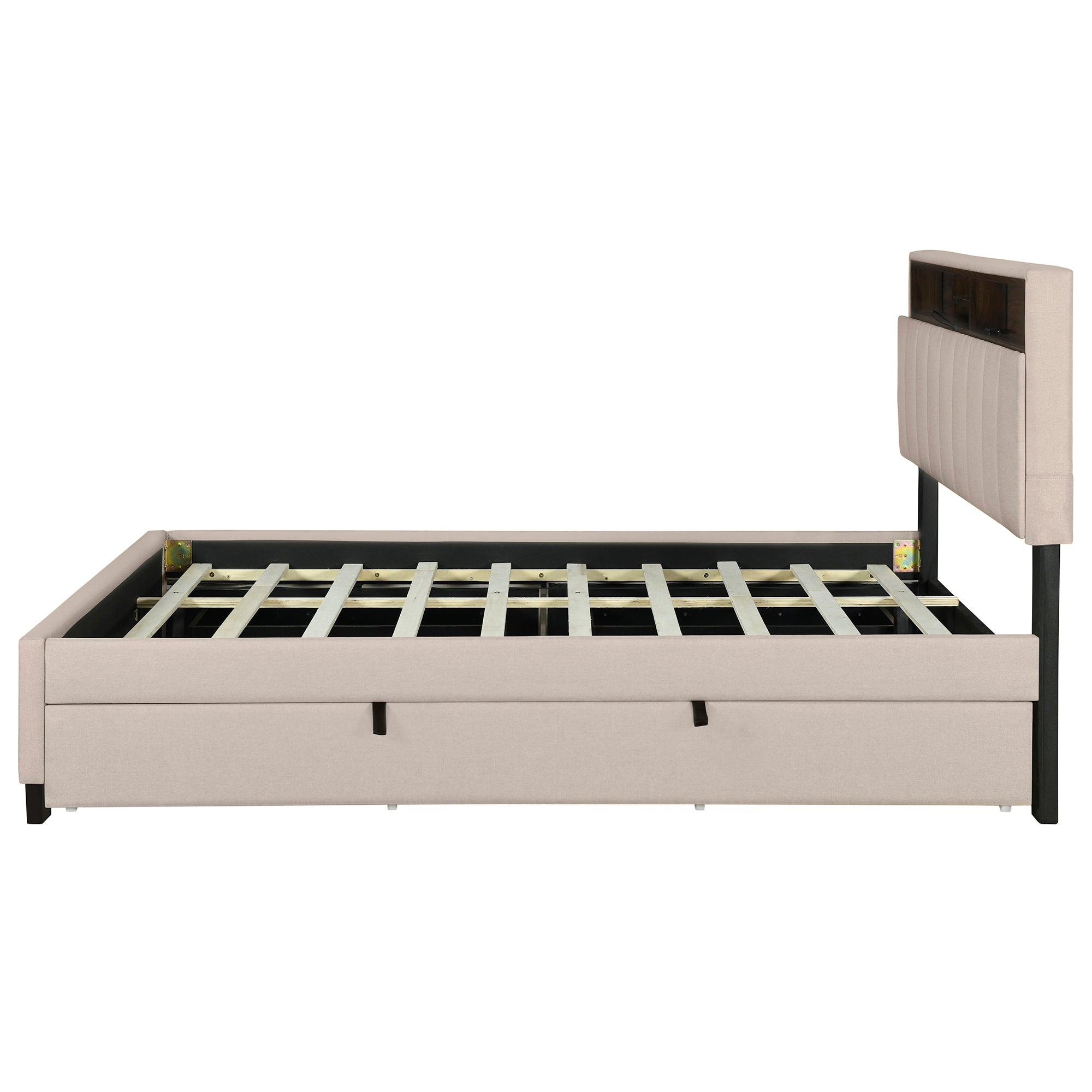 Queen size Upholstered Platform Bed with Storage Headboard, Twin XL Size Trundle & 2 drawers and a set of Sockets & USB Ports, Linen Fabric, Beige - Atlantic Fine Furniture Melbourne FL