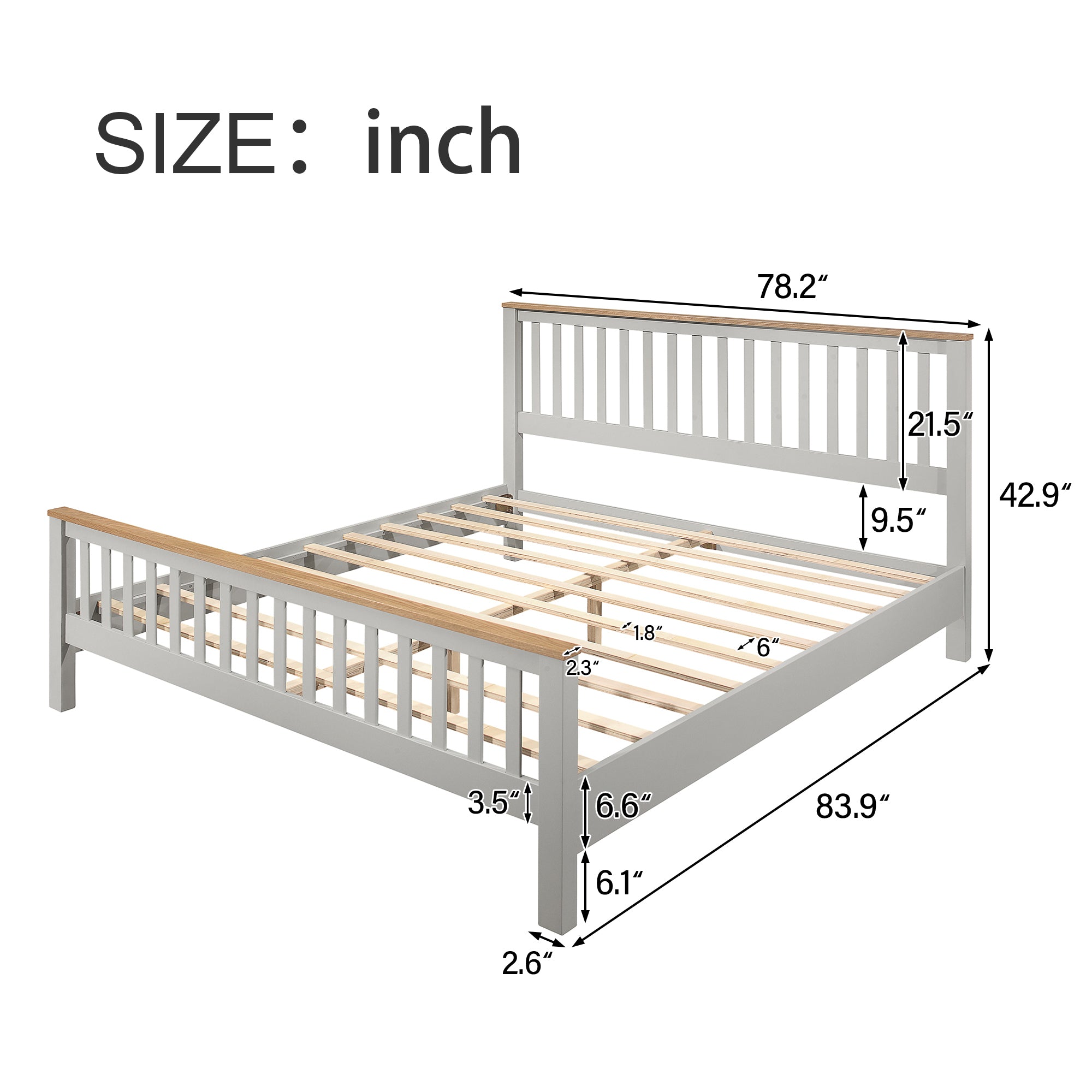 Country Style Concise Gray Solid Platform Bed with Oak Top, No Box Spring Needed, King - Atlantic Fine Furniture Melbourne FL