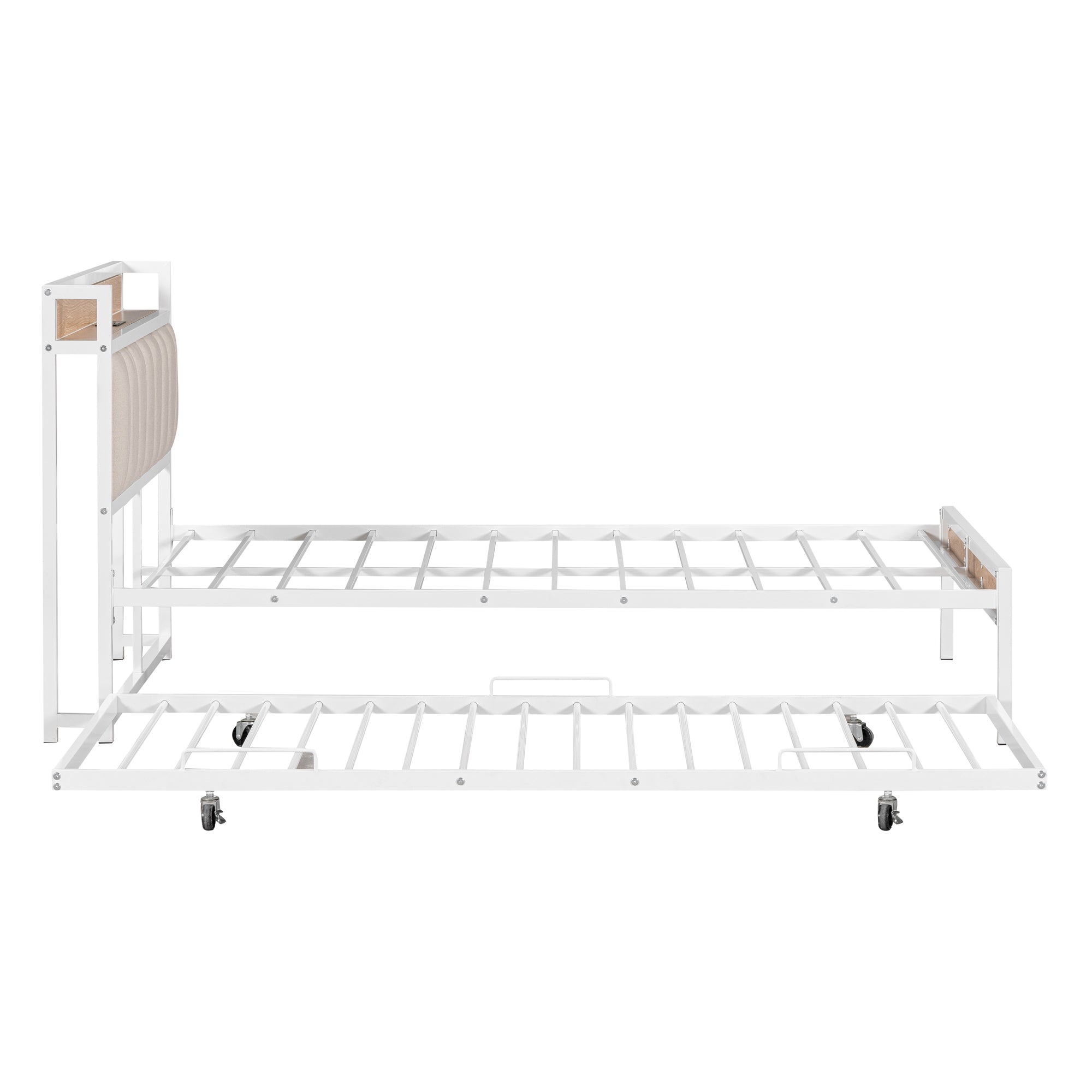 Full Size Metal Platform Bed Frame with Twin size trundle, Upholstered headboard, Sockets, USB Ports and Slat Support, No Box Spring Needed, White - Atlantic Fine Furniture Melbourne FL
