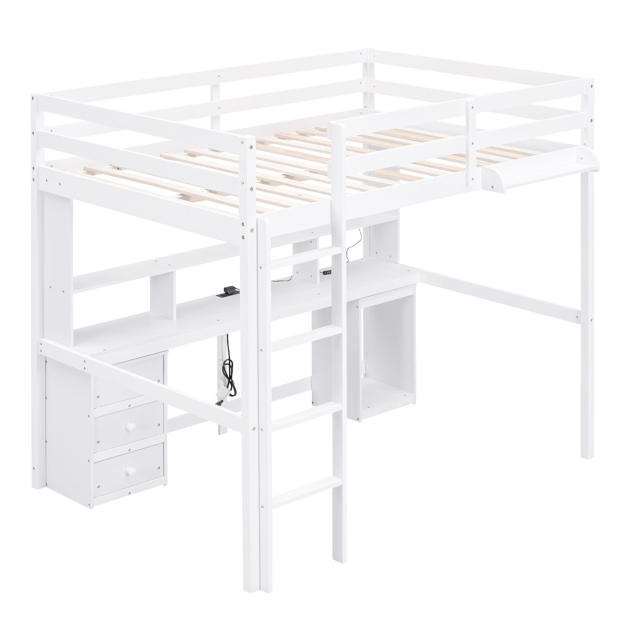 Full Size Loft Bed with Multi-storage Desk, LED light and Bedside Tray, Charging Station, White - Atlantic Fine Furniture Melbourne FL