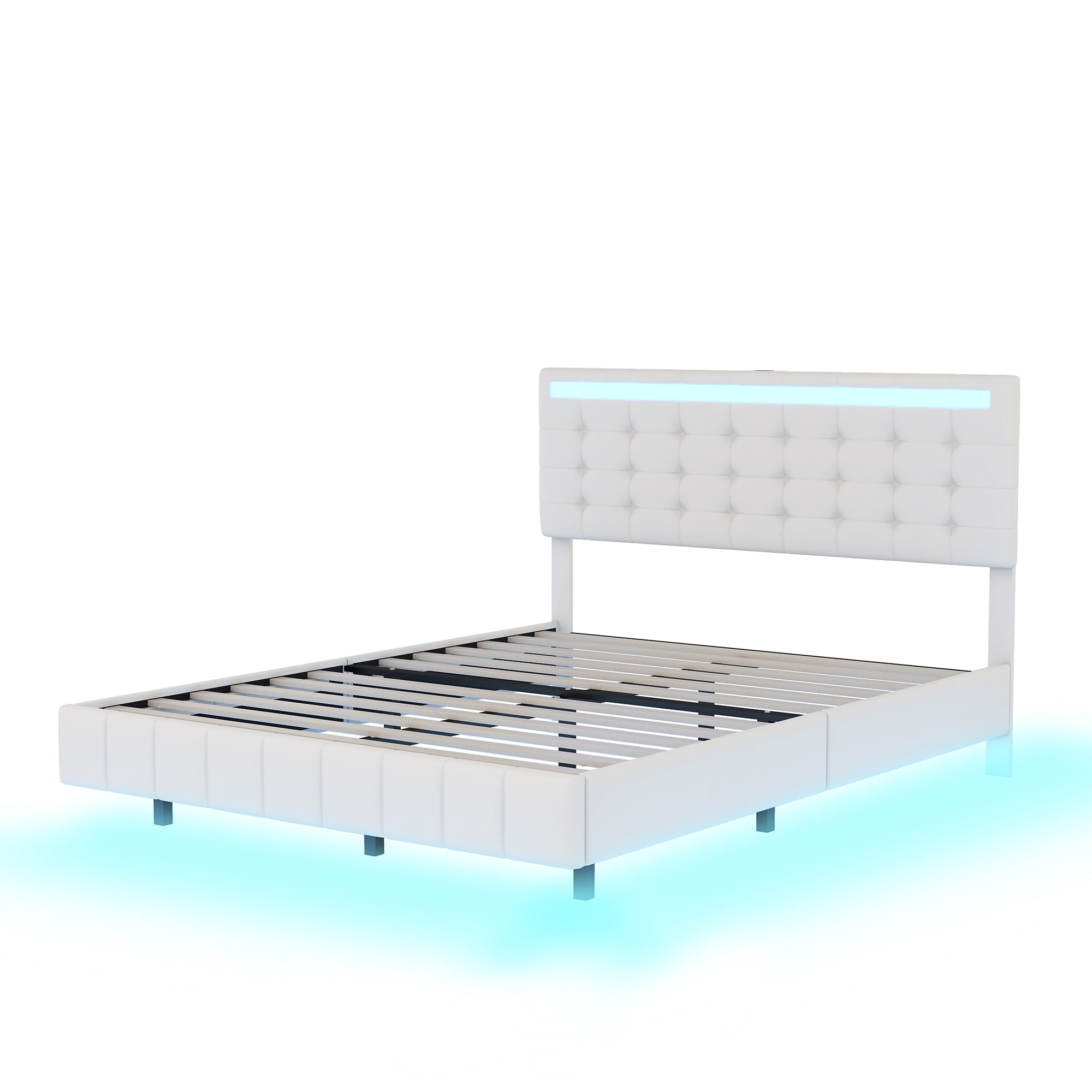Queen Size Floating Bed Frame with LED Lights and USB Charging,Modern Upholstered Platform LED Bed Frame,White - Atlantic Fine Furniture Melbourne FL