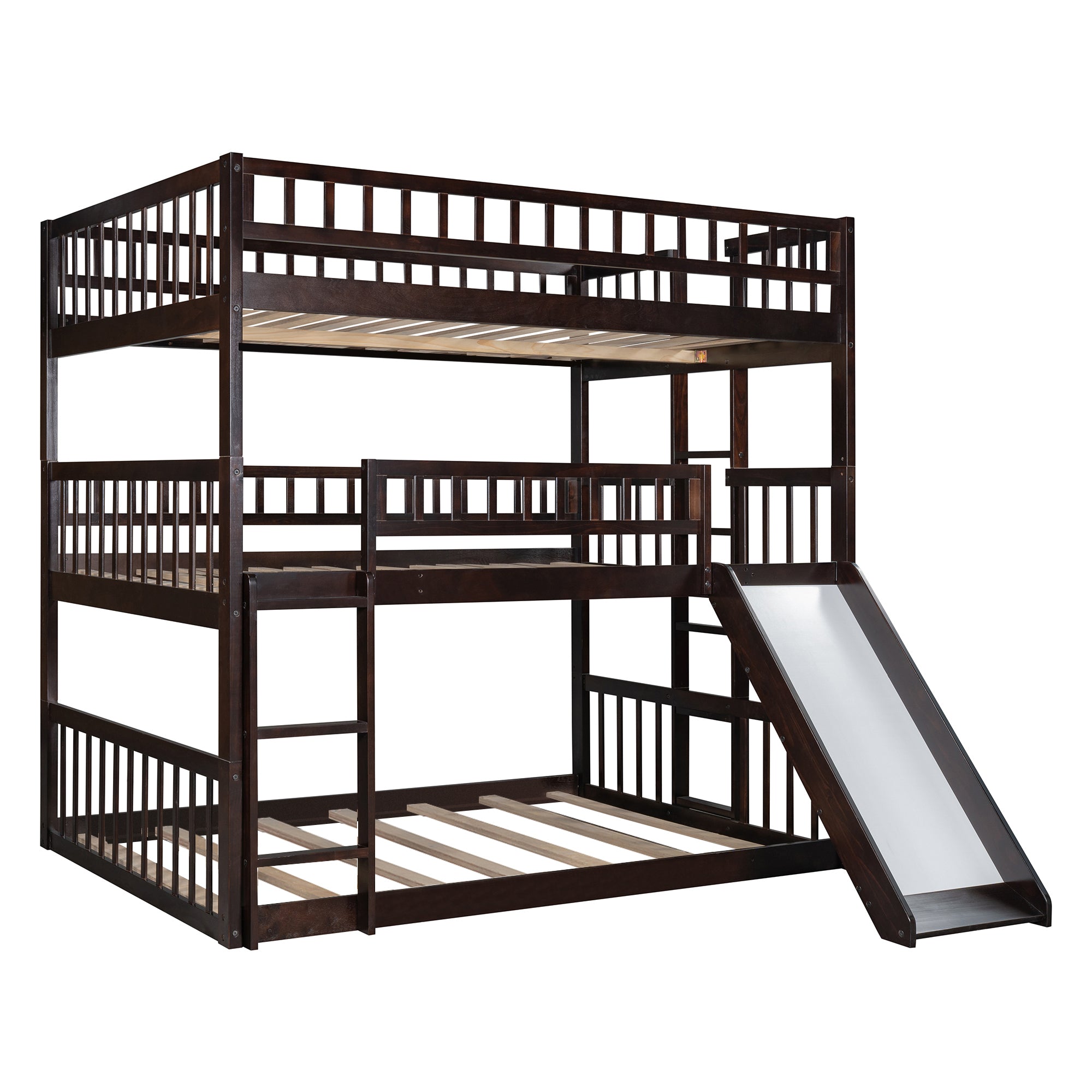 Full-Over-Full-Over-Full Triple Bed with Built-in Ladder and Slide , Triple Bunk Bed with Guardrails, Espresso(OLD SKU :LP000052AAP) - Atlantic Fine Furniture Melbourne FL