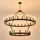 2 Tiers Wagon Wheel Chandelier Wooden Farmhouse 36 Light (24 / 12) Or (12 / 24) Metal Chandeliers 2 Story Light Fixtures Industrial For High Ceiling Living Dining Room Foyer, Adjustable Height - Black