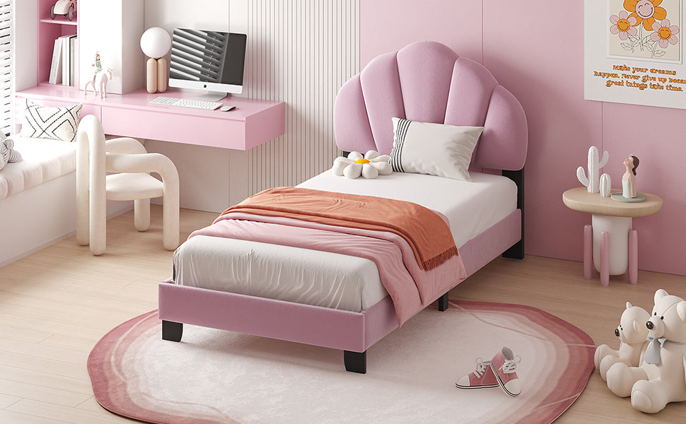 Twin Size Upholstered Velvet Platform Bed with Shell-Shaped Headboard, Pink - Atlantic Fine Furniture Melbourne FL