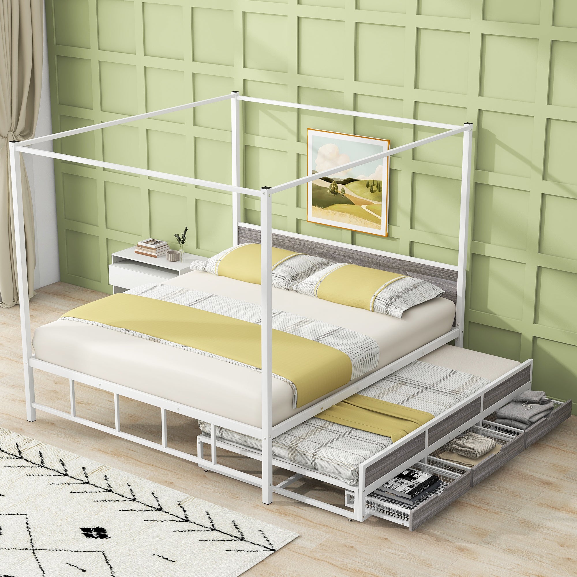 Queen Size Metal Canopy Platform Bed with Twin Size Trundle and 3 Storage Drawers, White - Atlantic Fine Furniture Melbourne FL