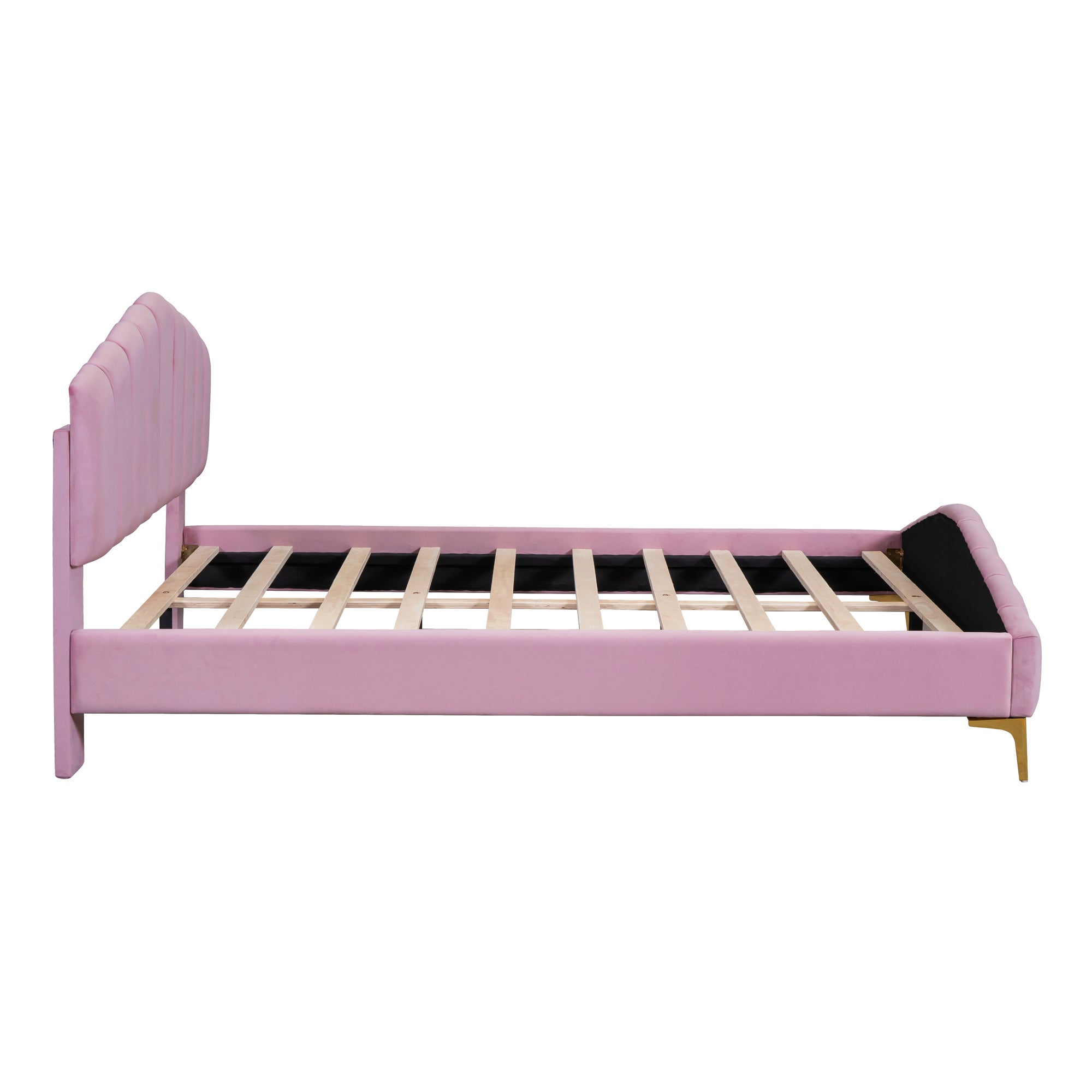 Queen Size Velvet Platform Bed with Thick Fabric, Stylish Stripe Decorated Bedboard and Elegant Metal Bed Leg, Pink - Atlantic Fine Furniture Melbourne FL