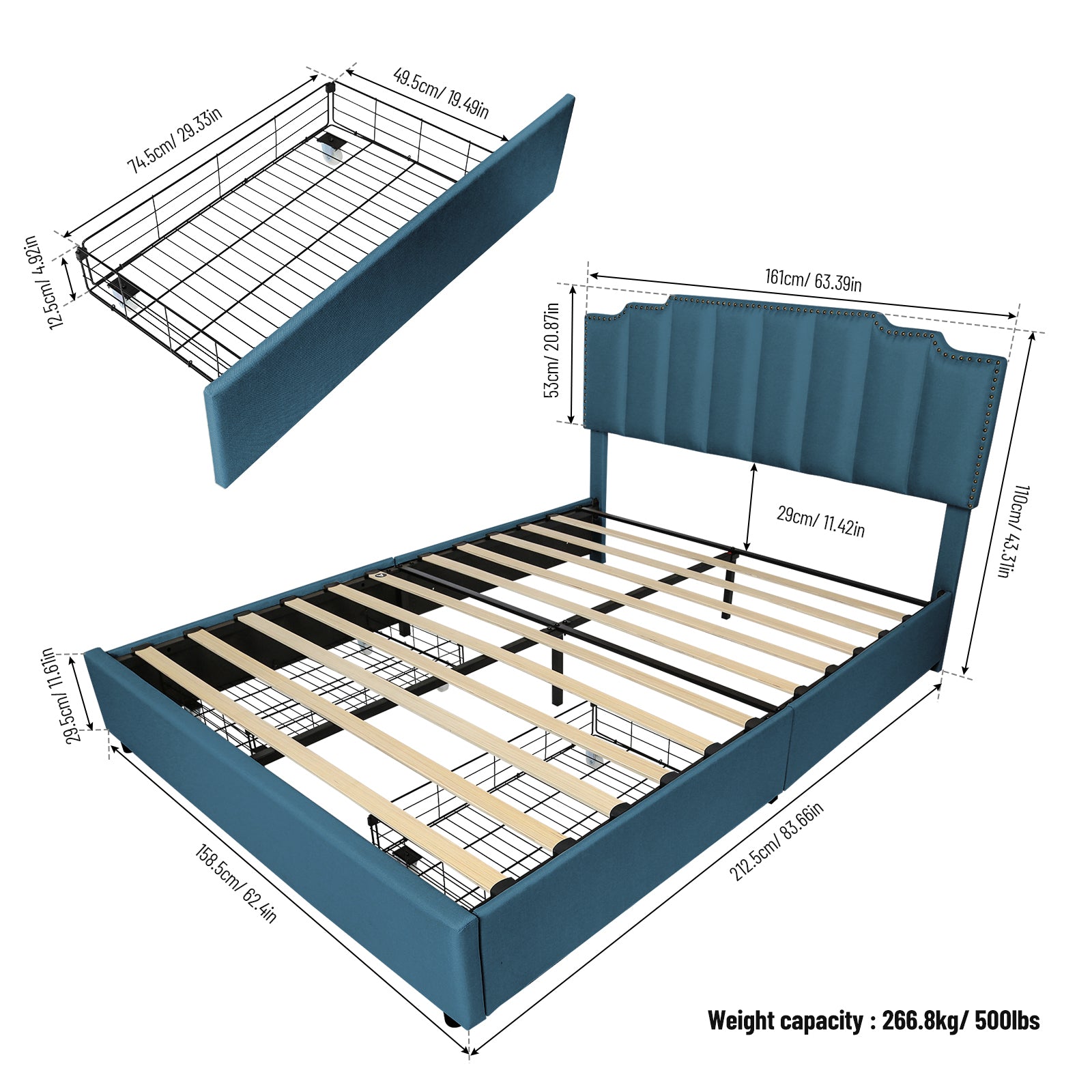 Queen Size Upholstered Platform Bed Linen Bed Frame with 2 Drawers Stitched Padded Headboard with Rivets Design Strong Bed Slats System No Box Spring Needed Blue - Atlantic Fine Furniture Melbourne FL
