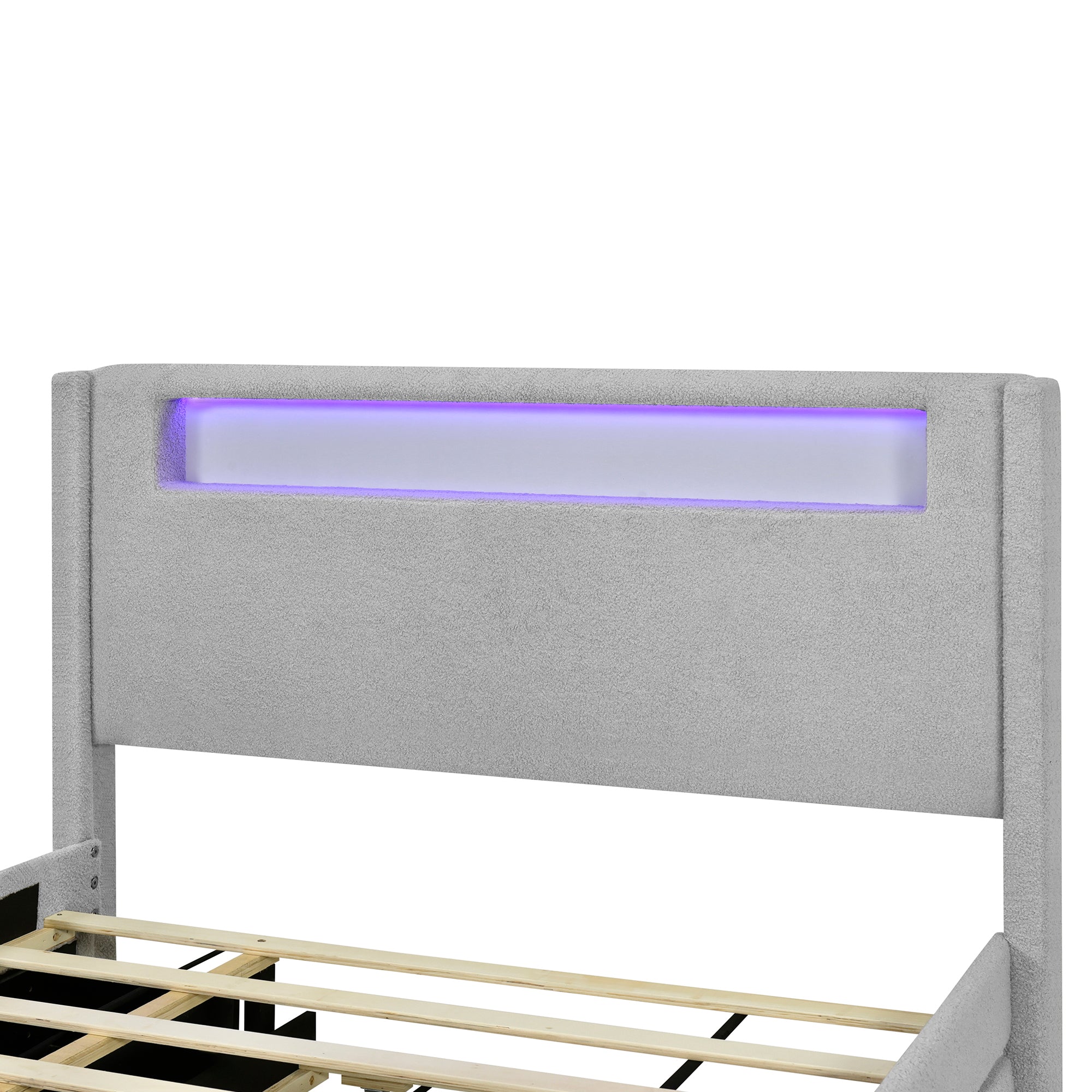 Queen Size Upholstered Platform Bed with LED Frame, with Twin XL Size Trundle and 2 drawers, Teddy Fleece, Gray