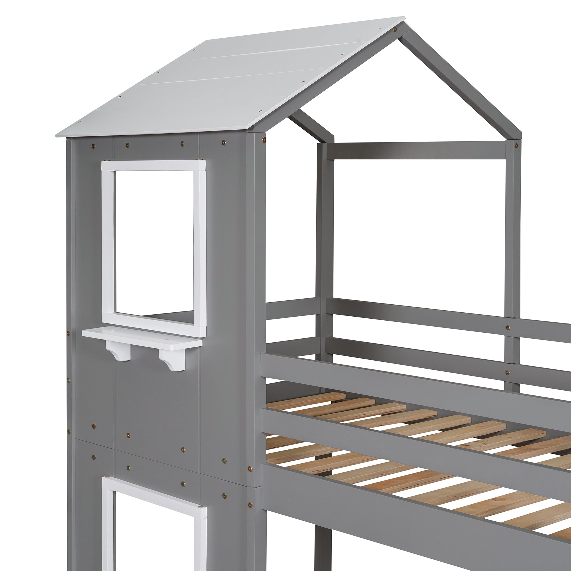 Twin Over Twin Bunk Bed Wood Bed with Roof, Window, Guardrail, Ladder (White) - Atlantic Fine Furniture Melbourne FL