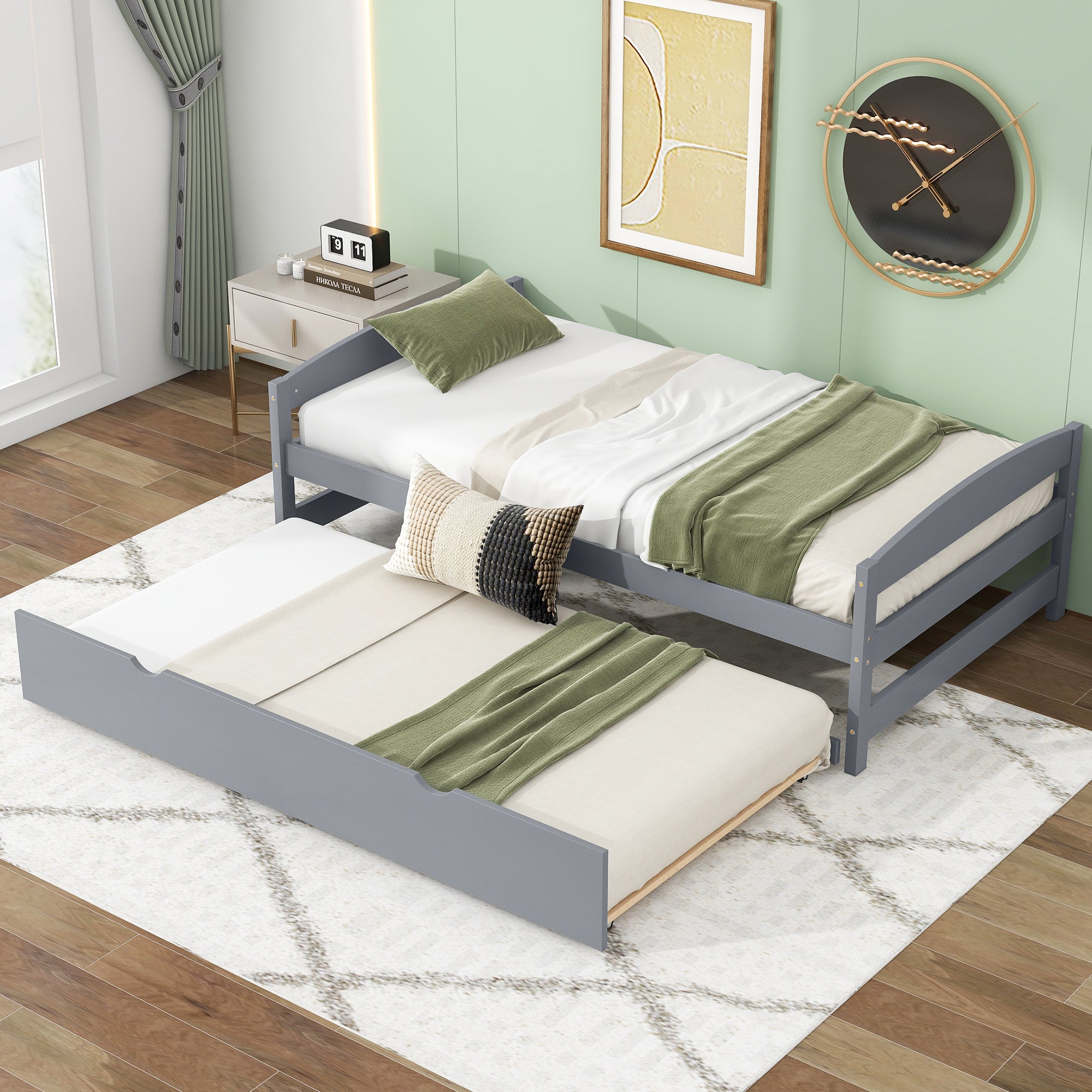 Twin Size Platform Bed with Twin Size Trundle, Gray - Atlantic Fine Furniture Melbourne FL