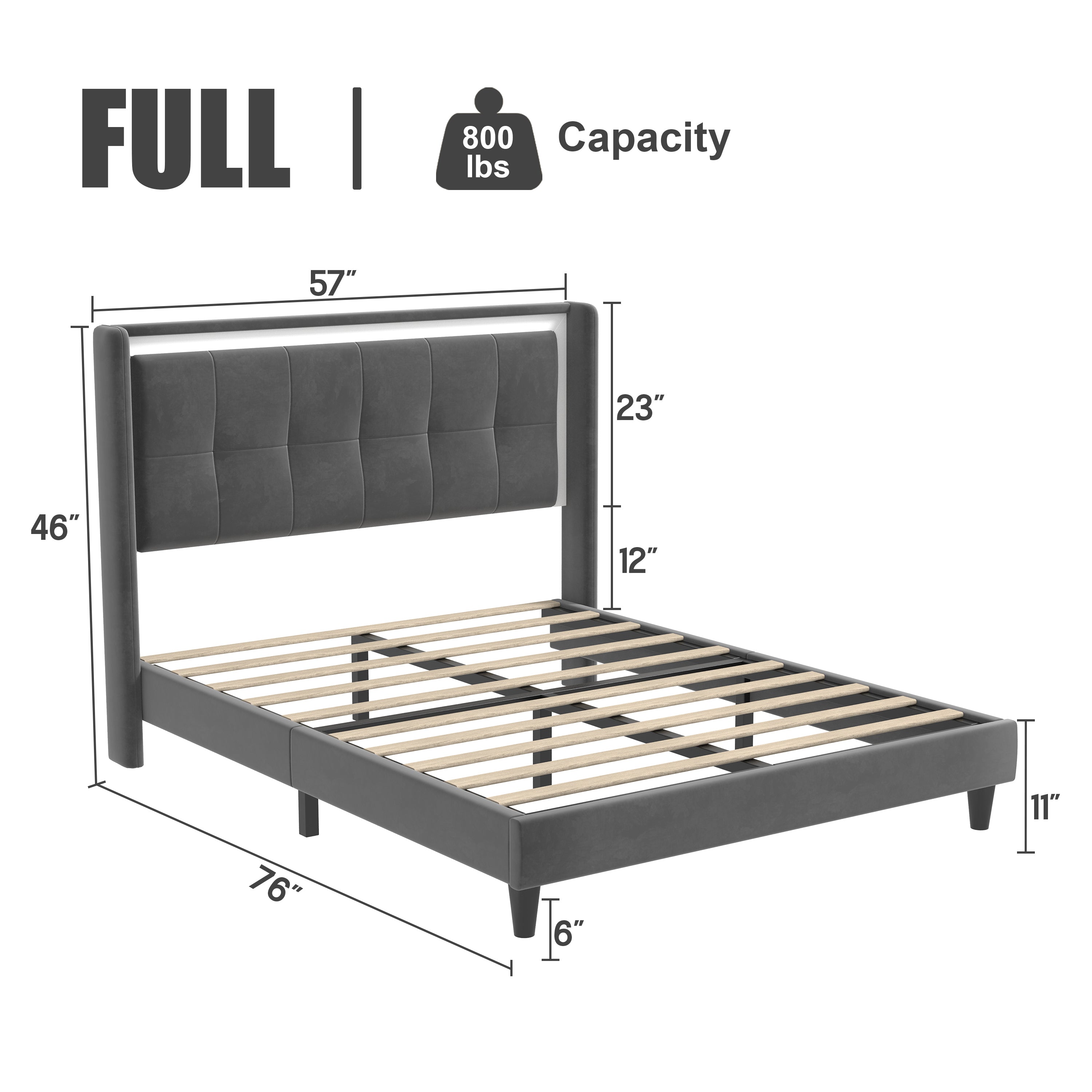 Full Size Upholstered platform bed frame with headboard and sturdy wooden slats, high load-bearing capacity, non-slip and noiseless, no springs required, easy to assemble, dark gray bed