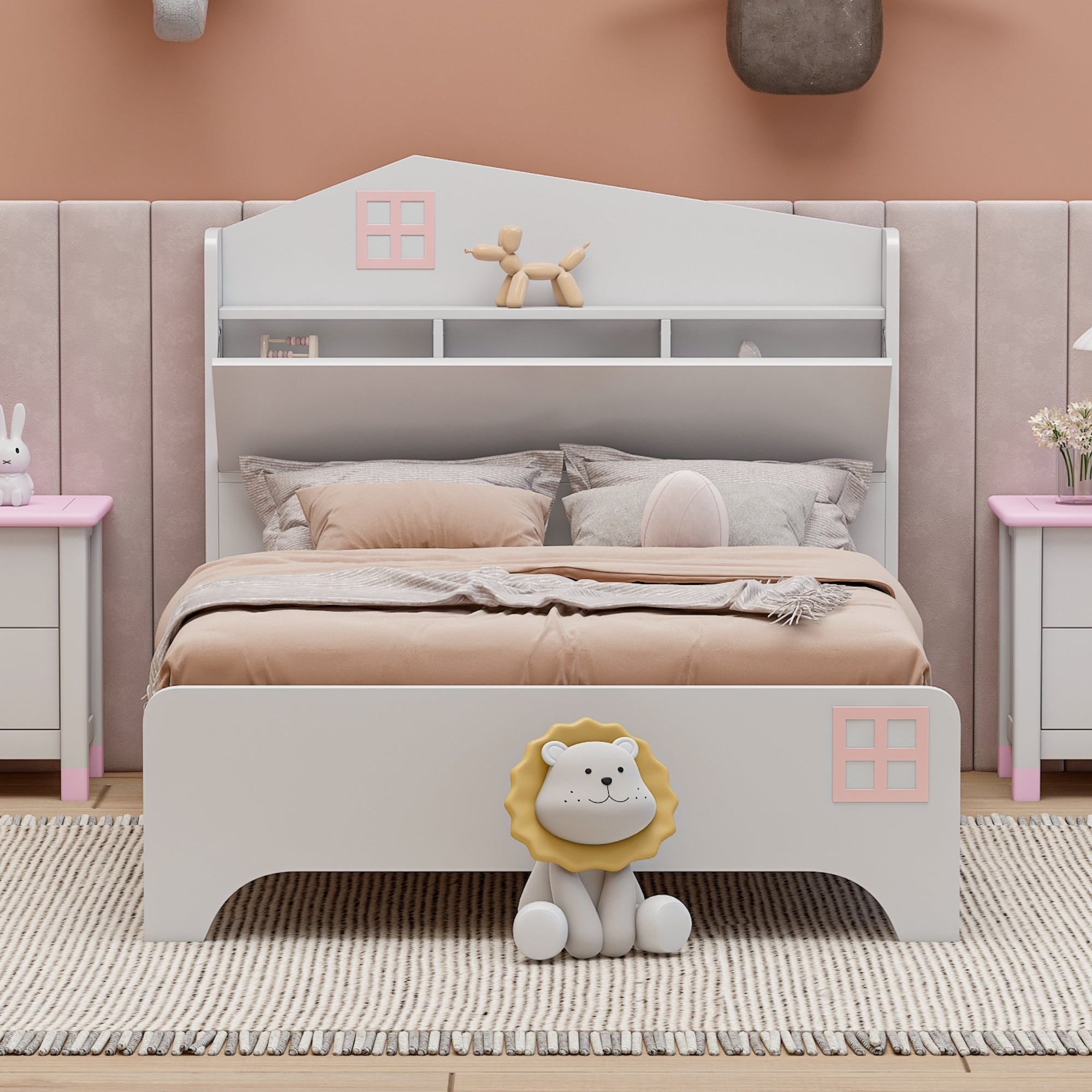 Wooden Twin Size House Bed with Storage Headboard ,Kids Bed with Storage Shelf, White - Atlantic Fine Furniture Melbourne FL