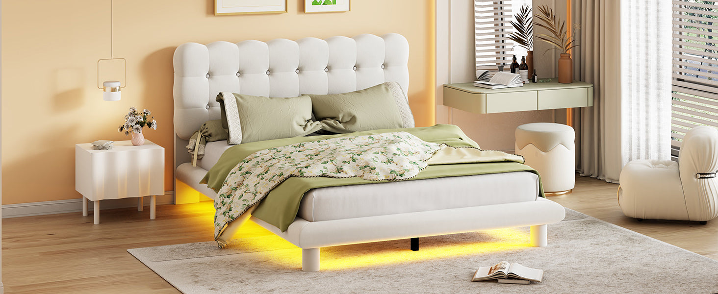 Queen Size Velvet Platform Bed with LED Frame, Thick & Soft Fabric and Button-tufted Design Headboard, Beige - Atlantic Fine Furniture Melbourne FL