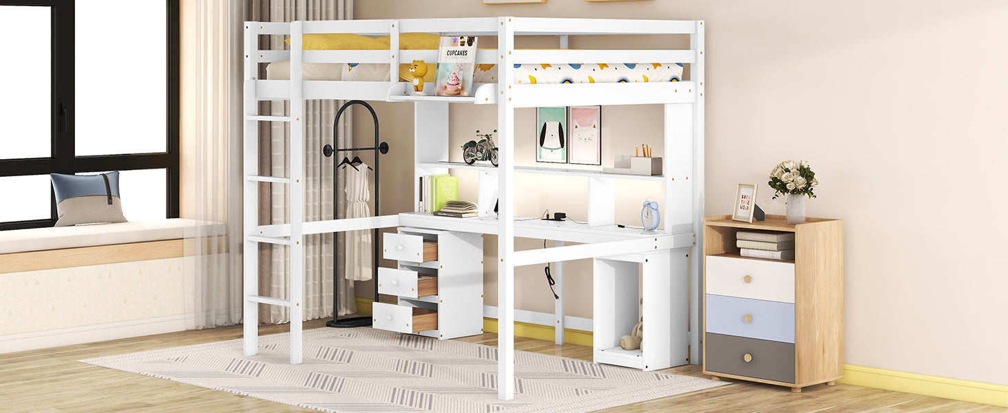 Full Size Loft Bed with Multi-storage Desk, LED light and Bedside Tray, Charging Station, White - Atlantic Fine Furniture Melbourne FL