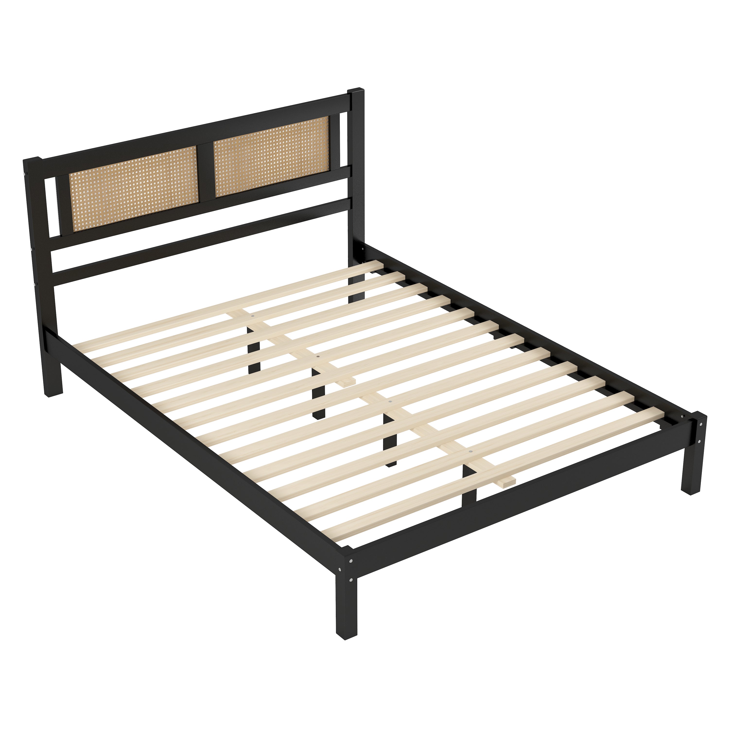 Queen Size Wooden Platform Bed with Natural Rattan Headboard, Exquisite Elegance with Minimalist Charm for Bedroom, Black - Atlantic Fine Furniture Melbourne FL