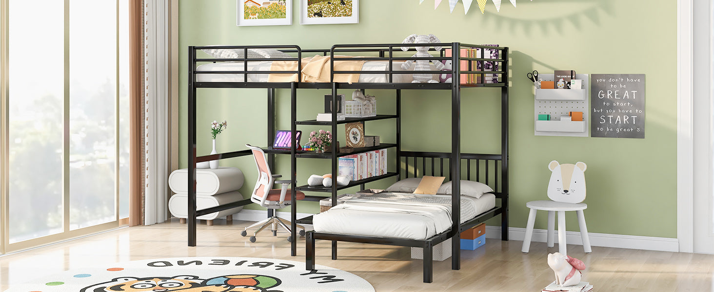 Full Over Twin Metal Bunk Bed with Built-in Desk, Shelves and Ladder, Black - Atlantic Fine Furniture Melbourne FL