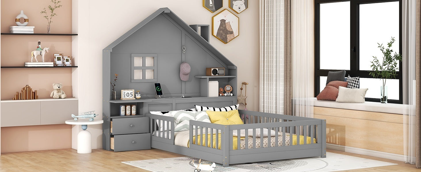 Full Size House Bed with Window and Bedside Drawers, Platform Bed with Shelves and a set of Sockets and USB Port, Gray