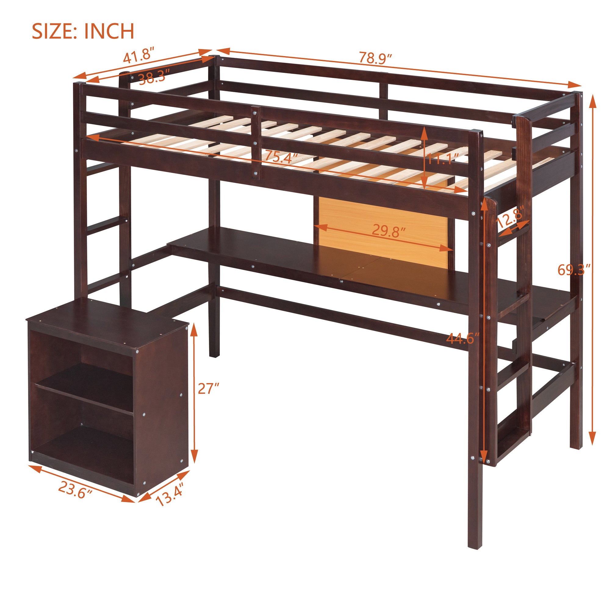 Twin size Loft Bed with Desk and Writing Board, Wooden Loft Bed with Desk & 2 Drawers Cabinet- Espresso - Atlantic Fine Furniture Melbourne FL