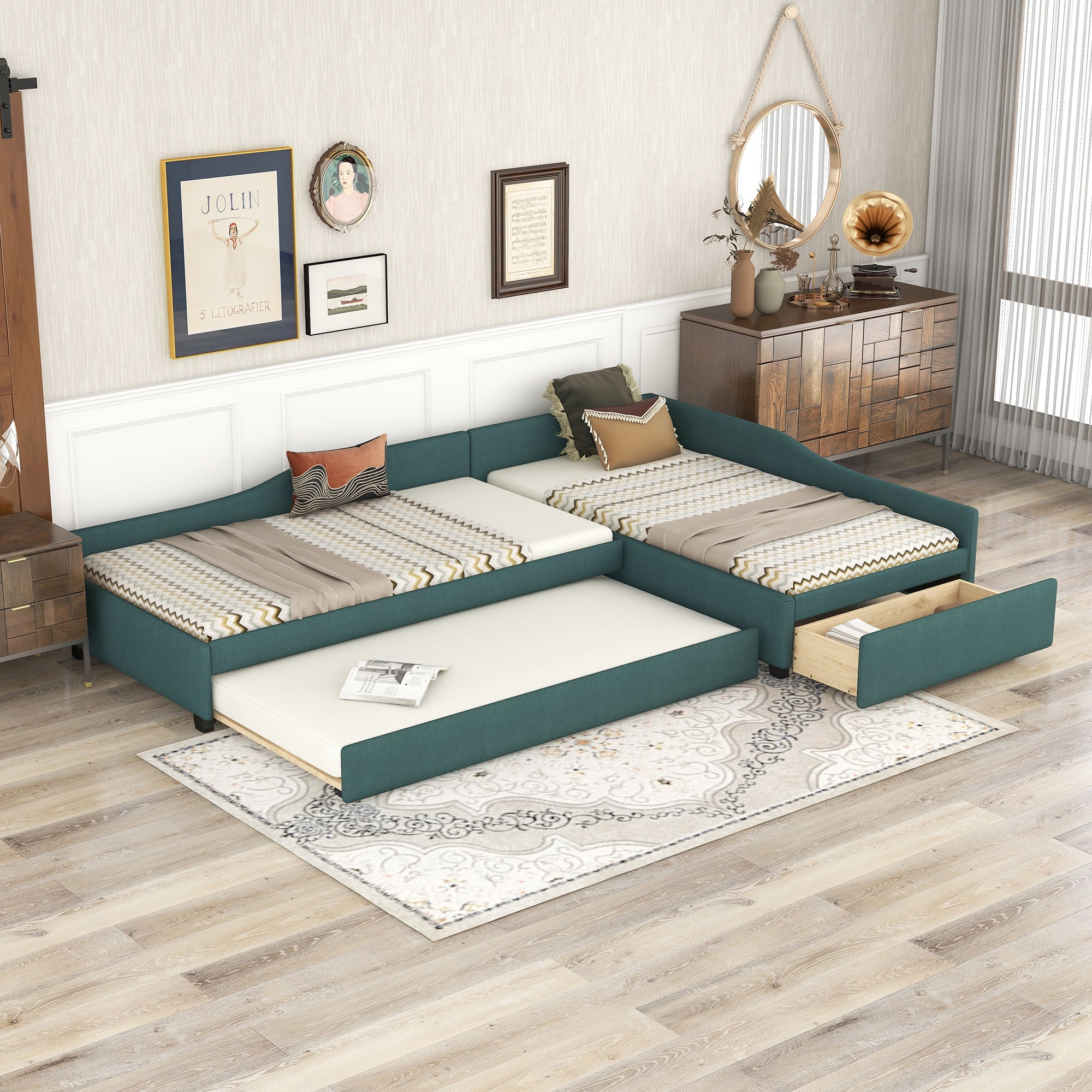 Upholstered Double Twin Size Daybed with Trundle and Drawer, Green - Atlantic Fine Furniture Melbourne FL