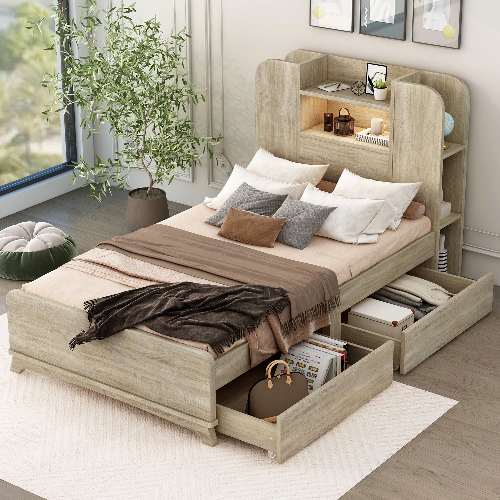Twin Size Storage Platform Bed Frame with with Two Drawers and Light Strip Design in Headboard,Natural - Atlantic Fine Furniture Melbourne FL