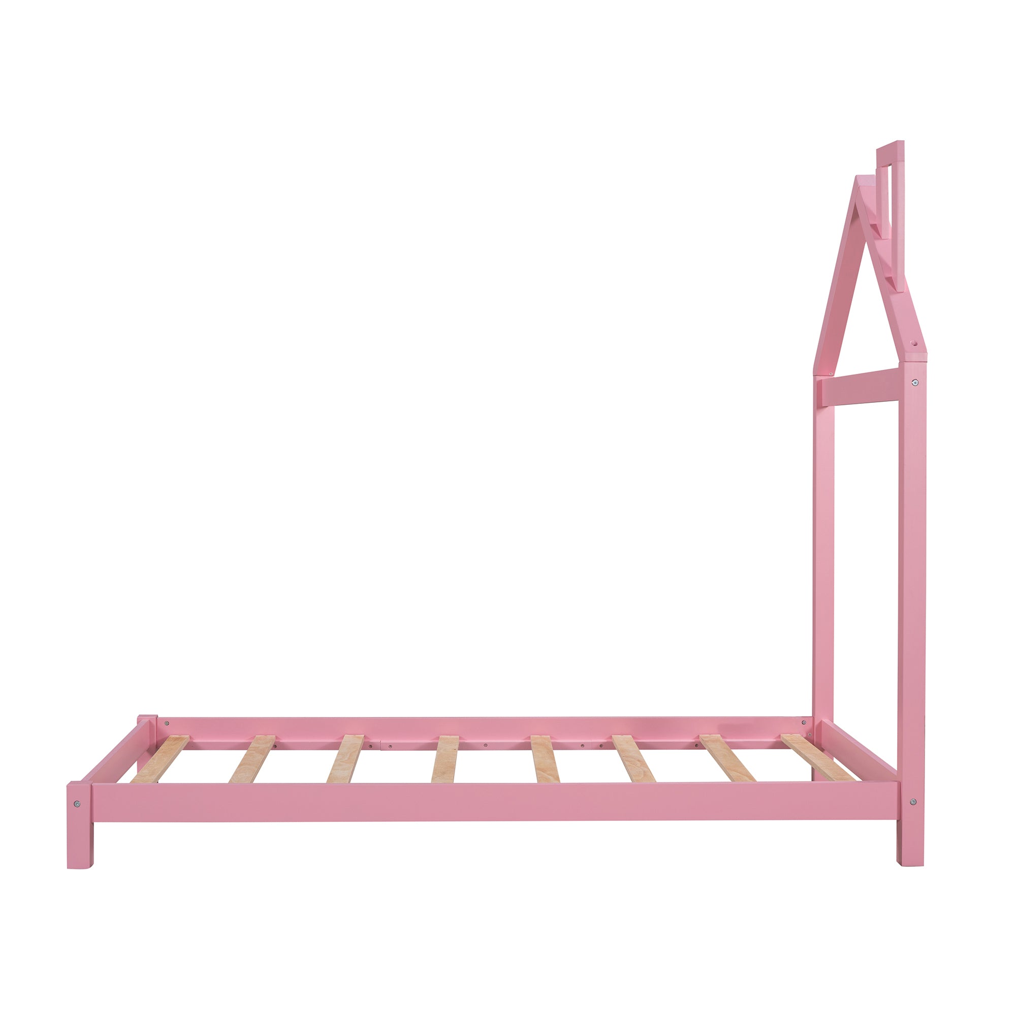Twin Size Wood Platform Bed with House-shaped Headboard (Pink)