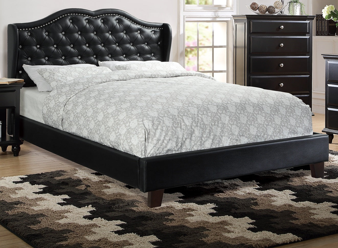 Queen Size Bed 1pc Bed Set Black Faux Leather Upholstered Wingback Design Bed Frame Headboard Bedroom Furniture Tufted Upholstered - Atlantic Fine Furniture Melbourne FL