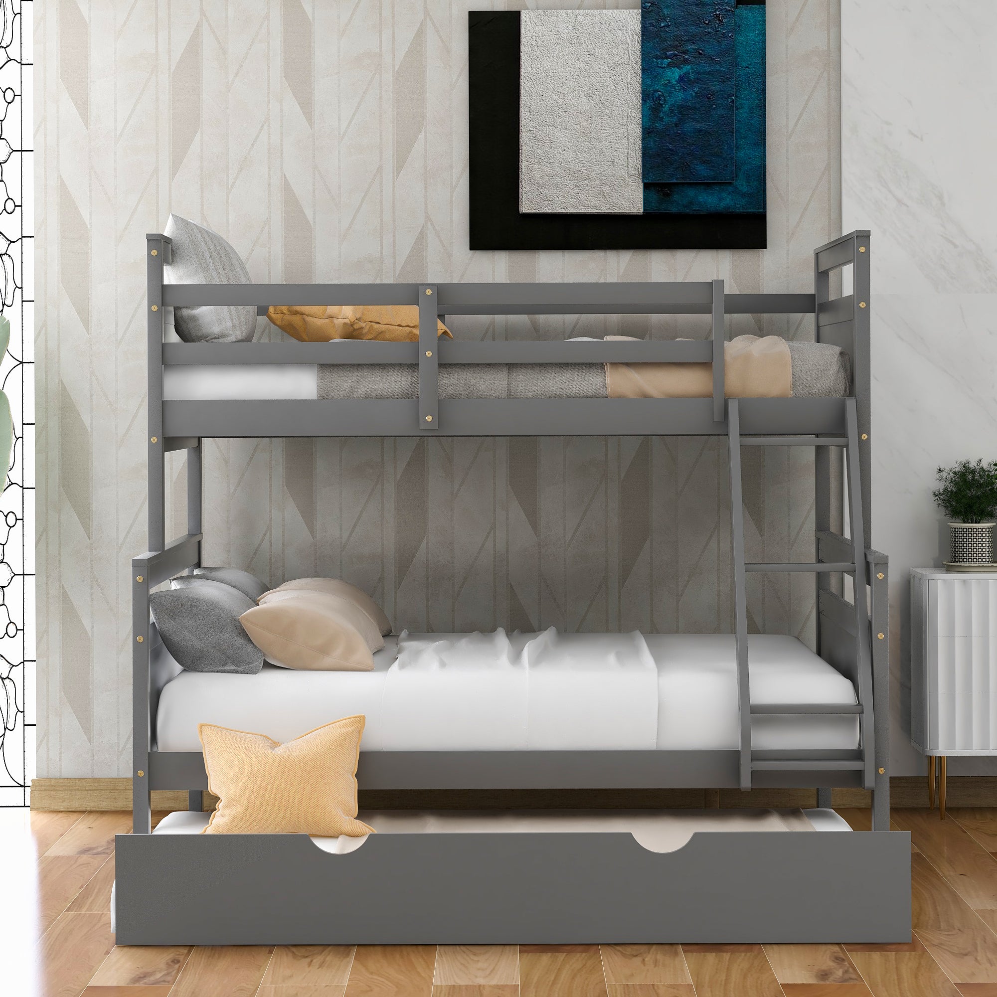 Twin over Full Bunk Bed with Ladder, Twin Size Trundle, Safety Guardrail, Gray - Atlantic Fine Furniture Melbourne FL