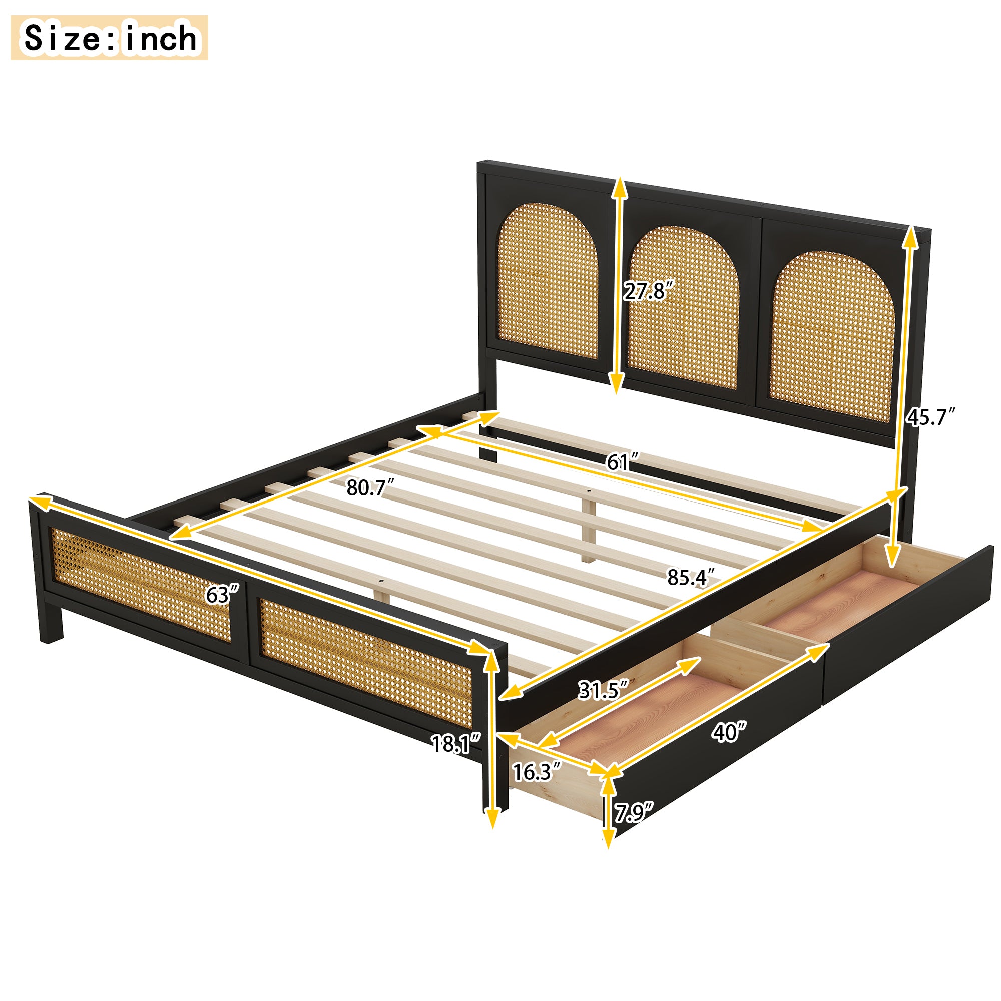 Queen Size Wood Storage Platform Bed with 2 Drawers, Rattan Headboard and Footboard, Black - Atlantic Fine Furniture Melbourne FL