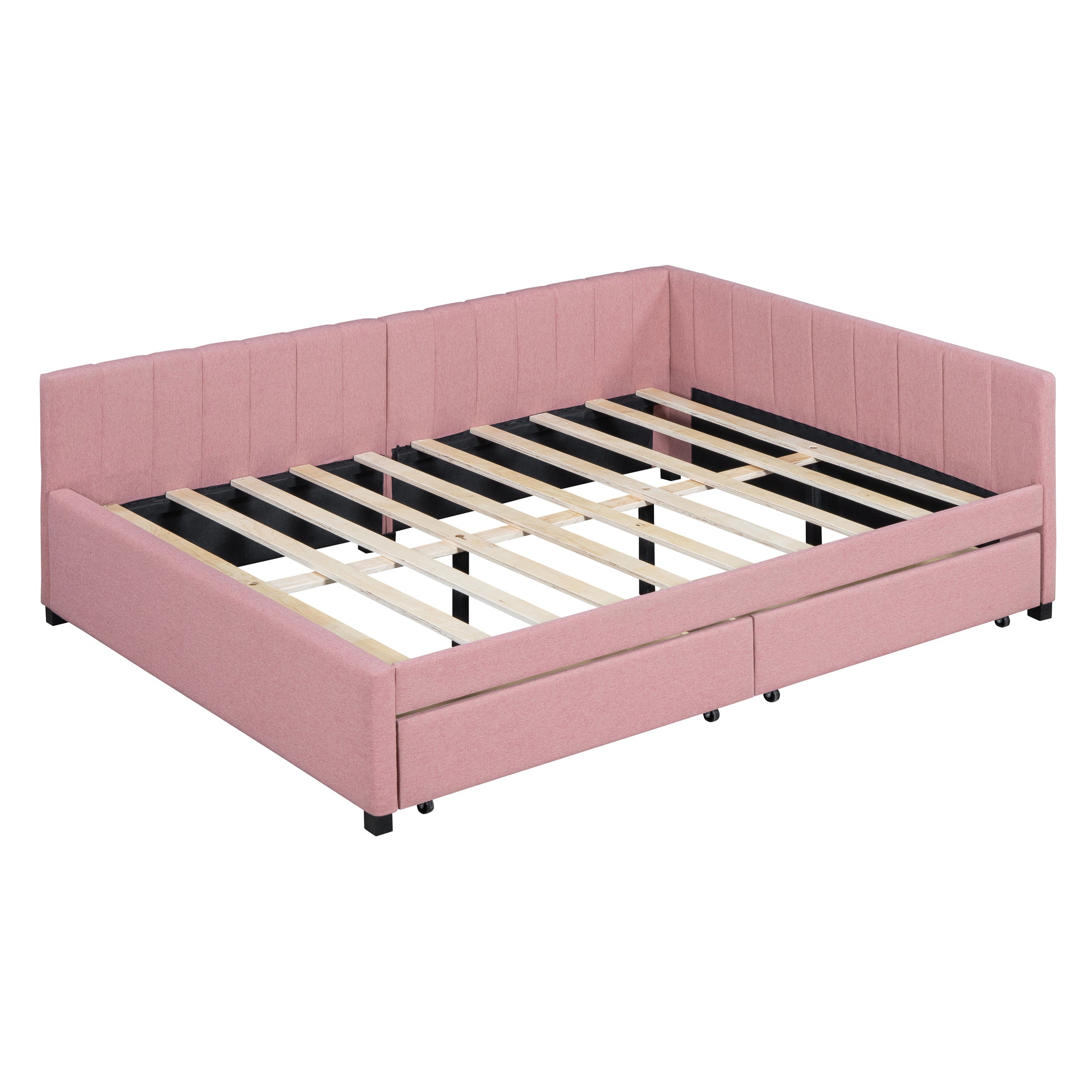 Full Size Upholstered Daybed with 2 Storage Drawers Sofa Bed Frame No Box Spring Needed, Linen Fabric (Pink) - Atlantic Fine Furniture Melbourne FL