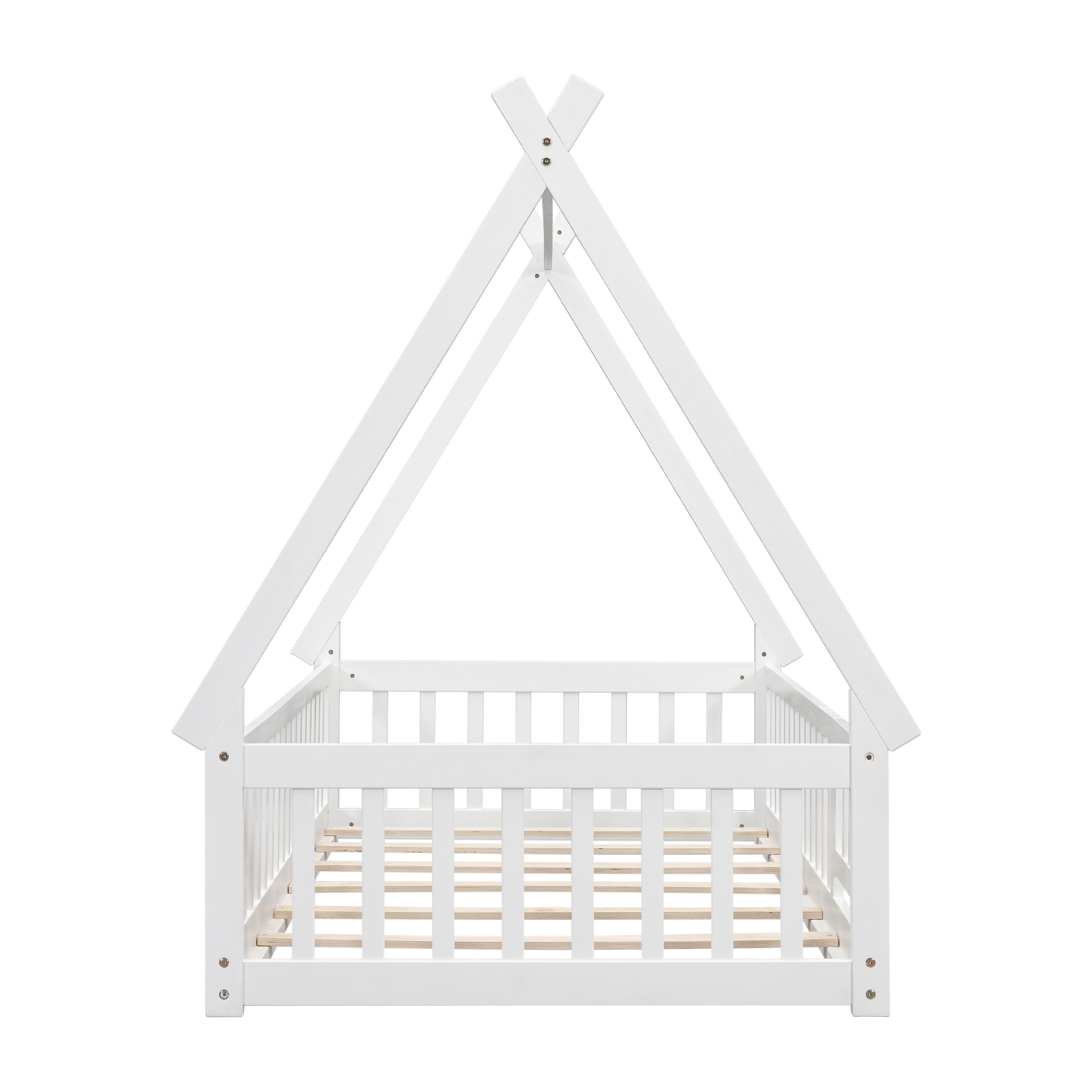 Twin Tent-shaped Floor Bed, with Guardrails, Slats, Door ,White