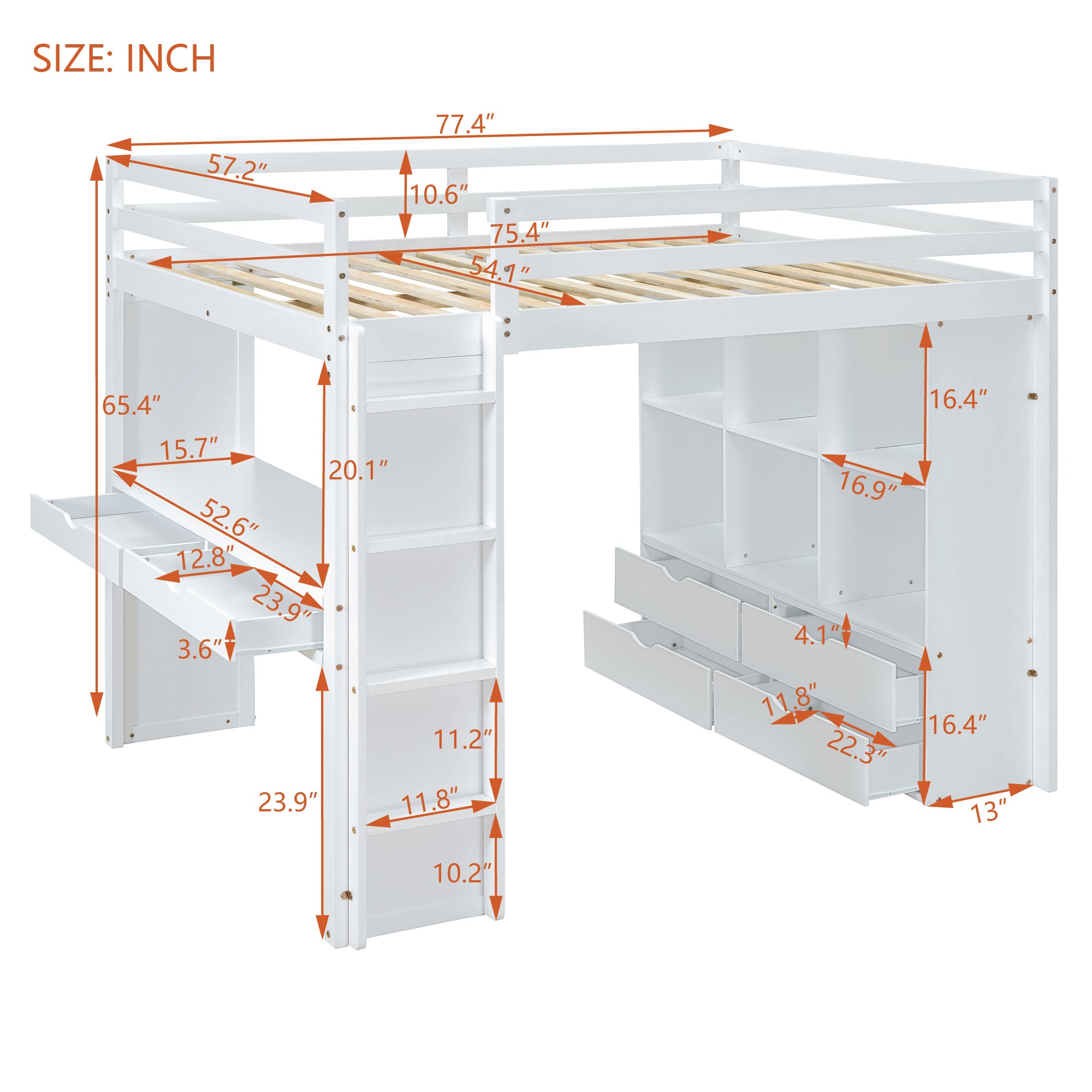 Full Size Loft Bed with large shelves, writing desk and LED Light, White - Atlantic Fine Furniture Melbourne FL