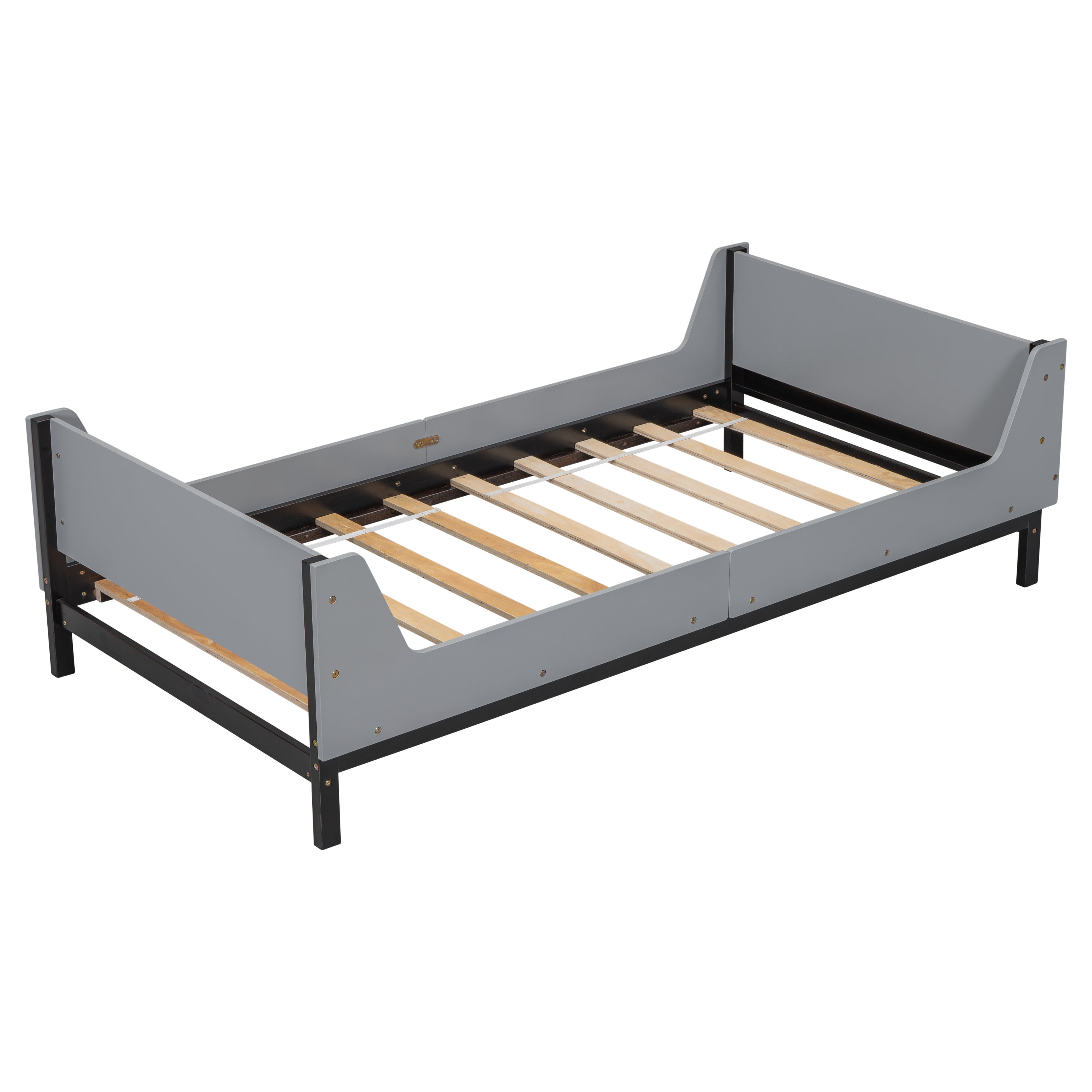 Twin Bed with Headboard, Footboard, Safeguards, Built-in Bed-end Book Storage Rack ,Grey