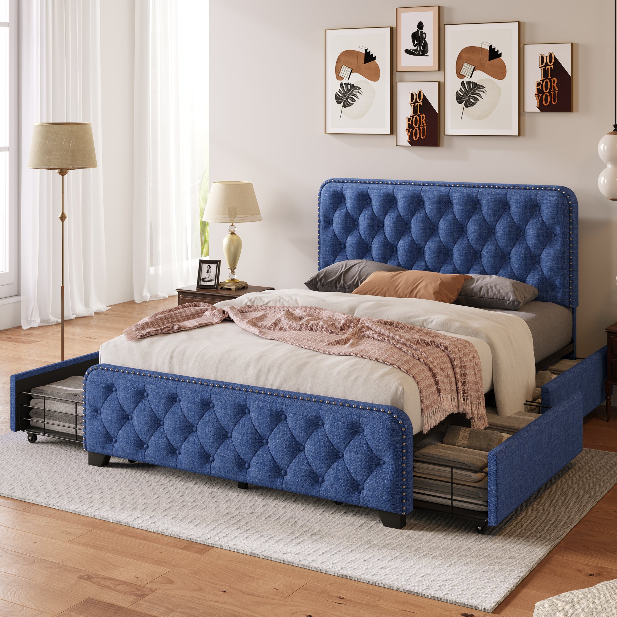 Upholstered Platform Bed Frame with Four Drawers, Button Tufted Headboard and Footboard Sturdy Metal Support, No Box Spring Required, Blue, Full (Old sku:BS300281AAC) - Atlantic Fine Furniture Melbourne FL