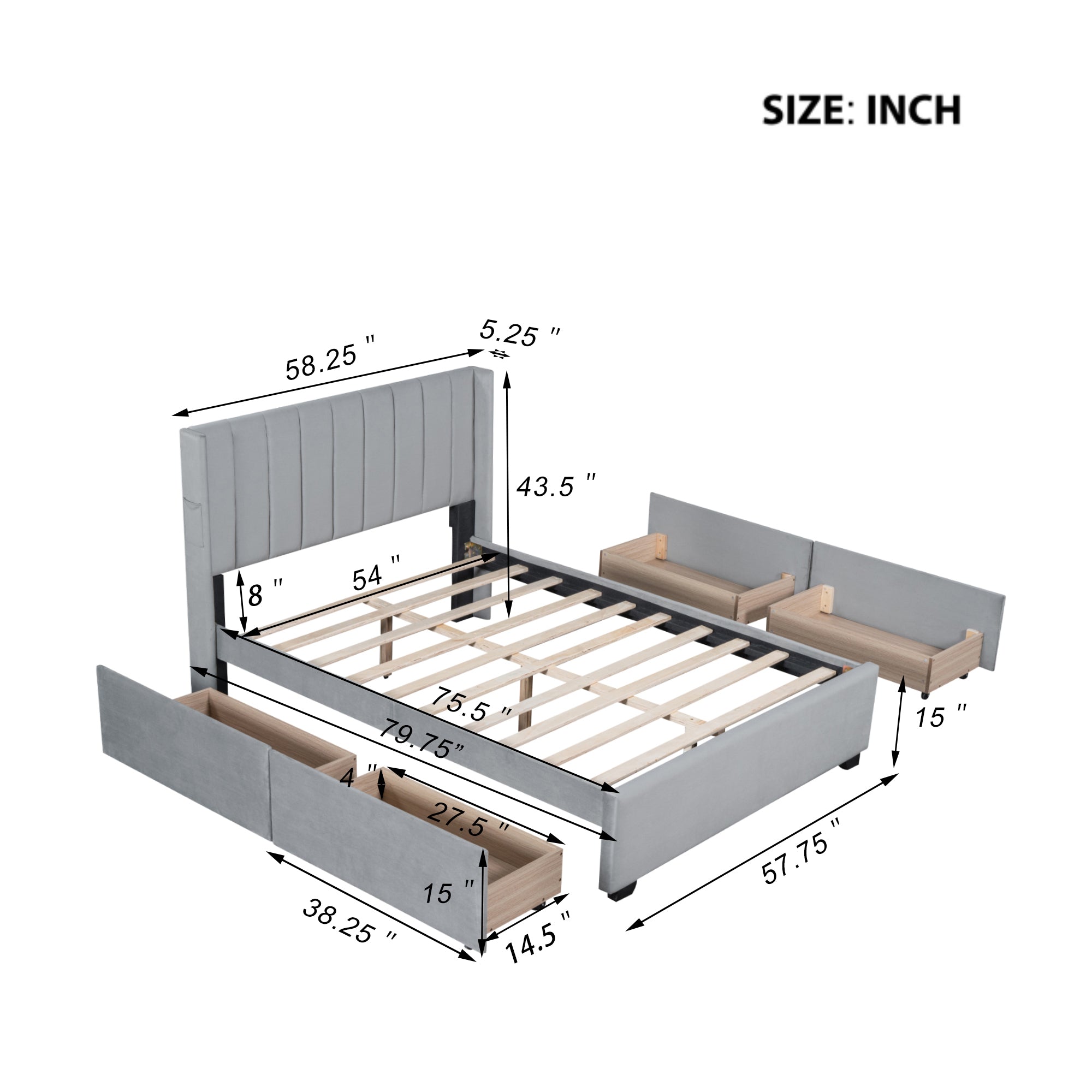 Full Size Upholstered Bed with 4 Drawers, Gray - Atlantic Fine Furniture Melbourne FL