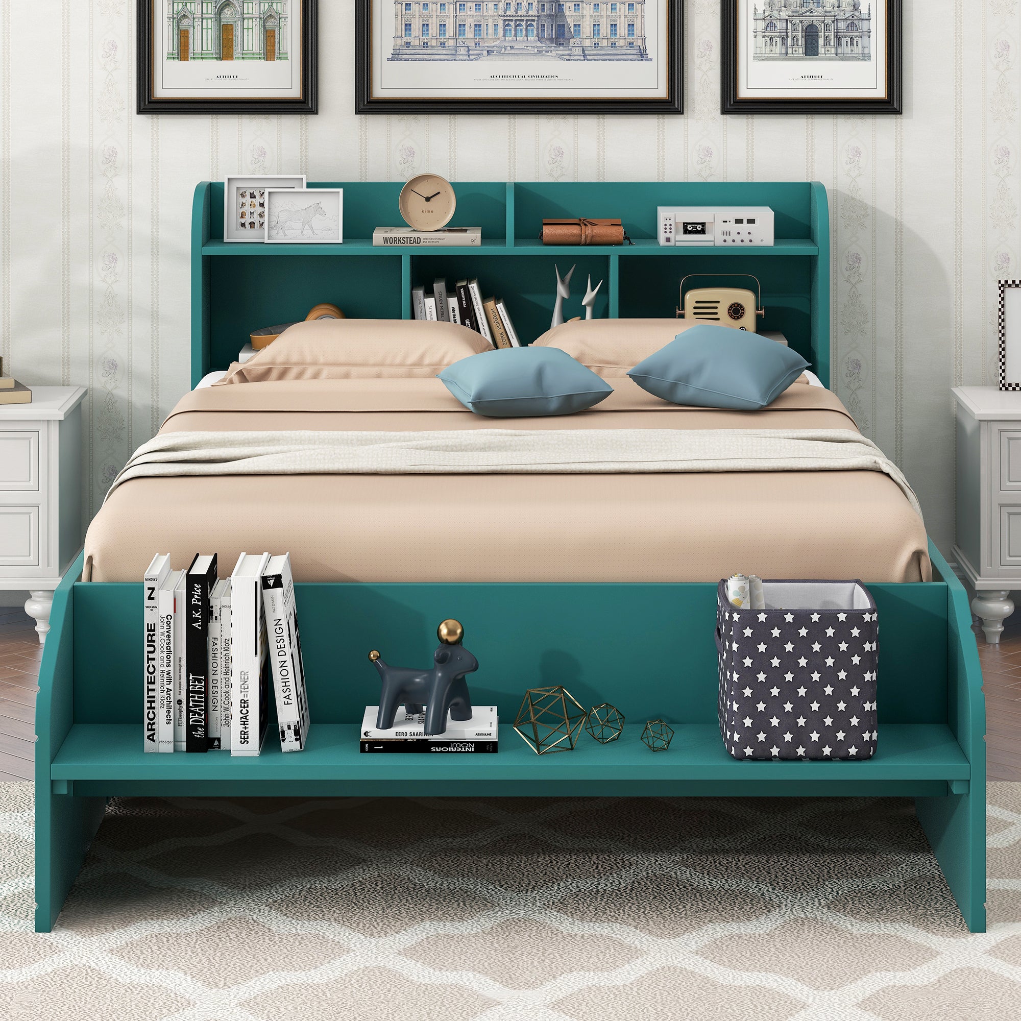 Wood Full Size Platform Bed with 2 Drawers, Storage Headboard and Footboard, Dark Green - Atlantic Fine Furniture Melbourne FL