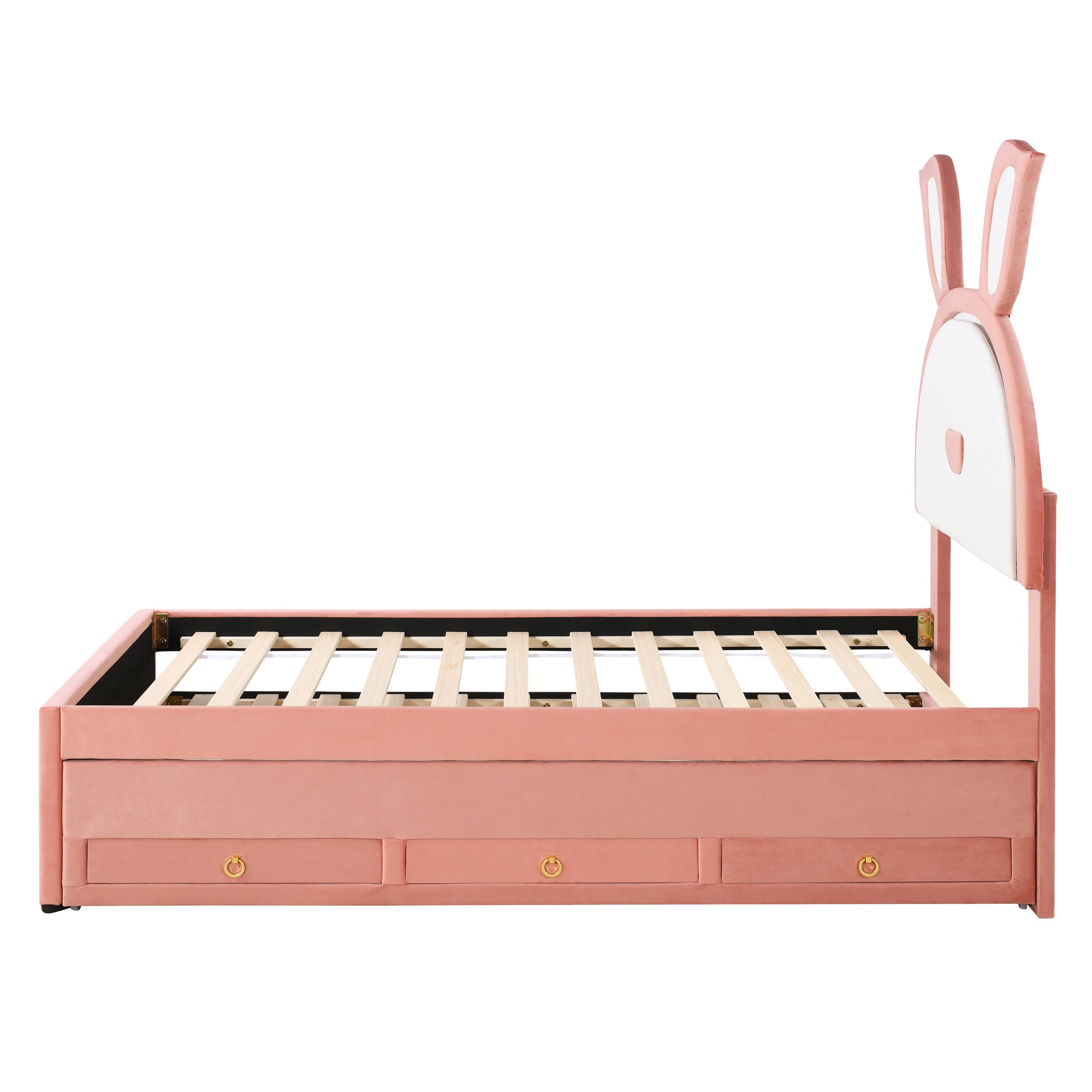 Twin Size Upholstered Platform Bed with Trundle and 3 Drawers, Rabbit-Shaped Headboard with Embedded LED Lights, Pink - Atlantic Fine Furniture Melbourne FL