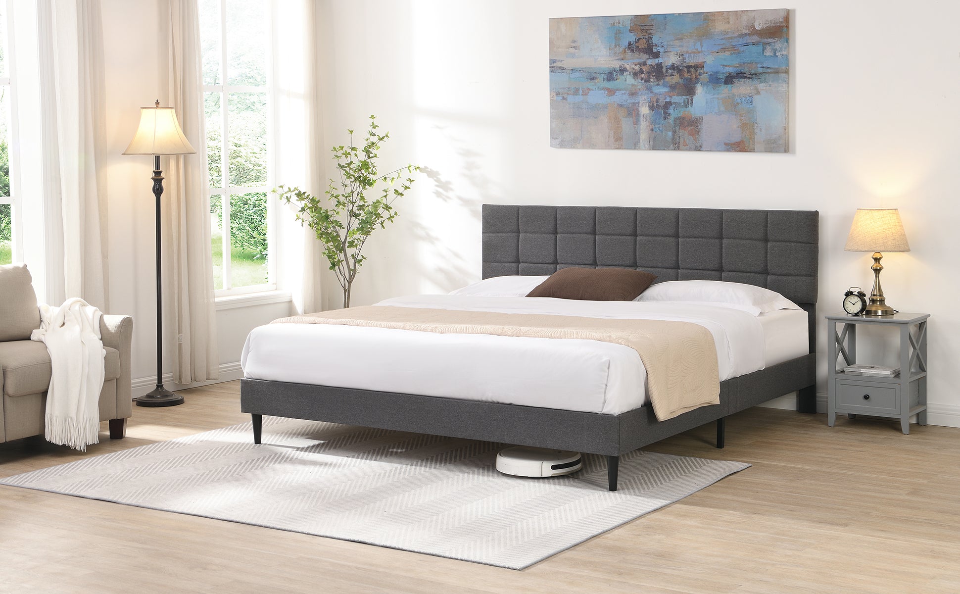 King Size Platform Bed Frame with Fabric Upholstered Headboard and Wooden Slats, No Box Spring Needed/Easy Assembly, Dark Grey - Atlantic Fine Furniture Melbourne FL