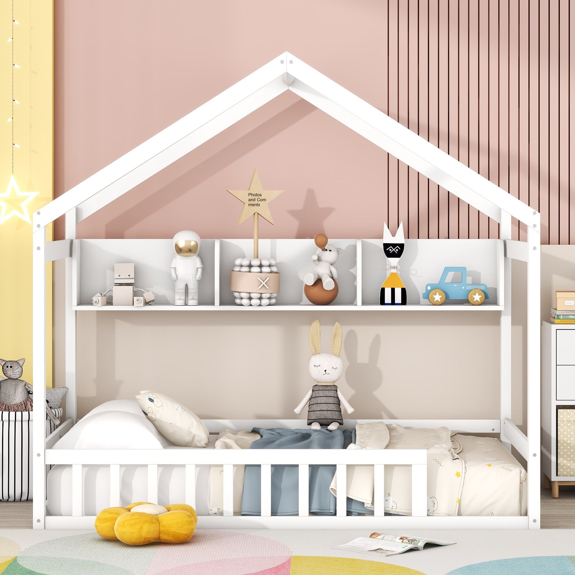 Wooden Twin Size House Bed with Storage Shelf,Kids Bed with Fence and Roof, White - Atlantic Fine Furniture Melbourne FL
