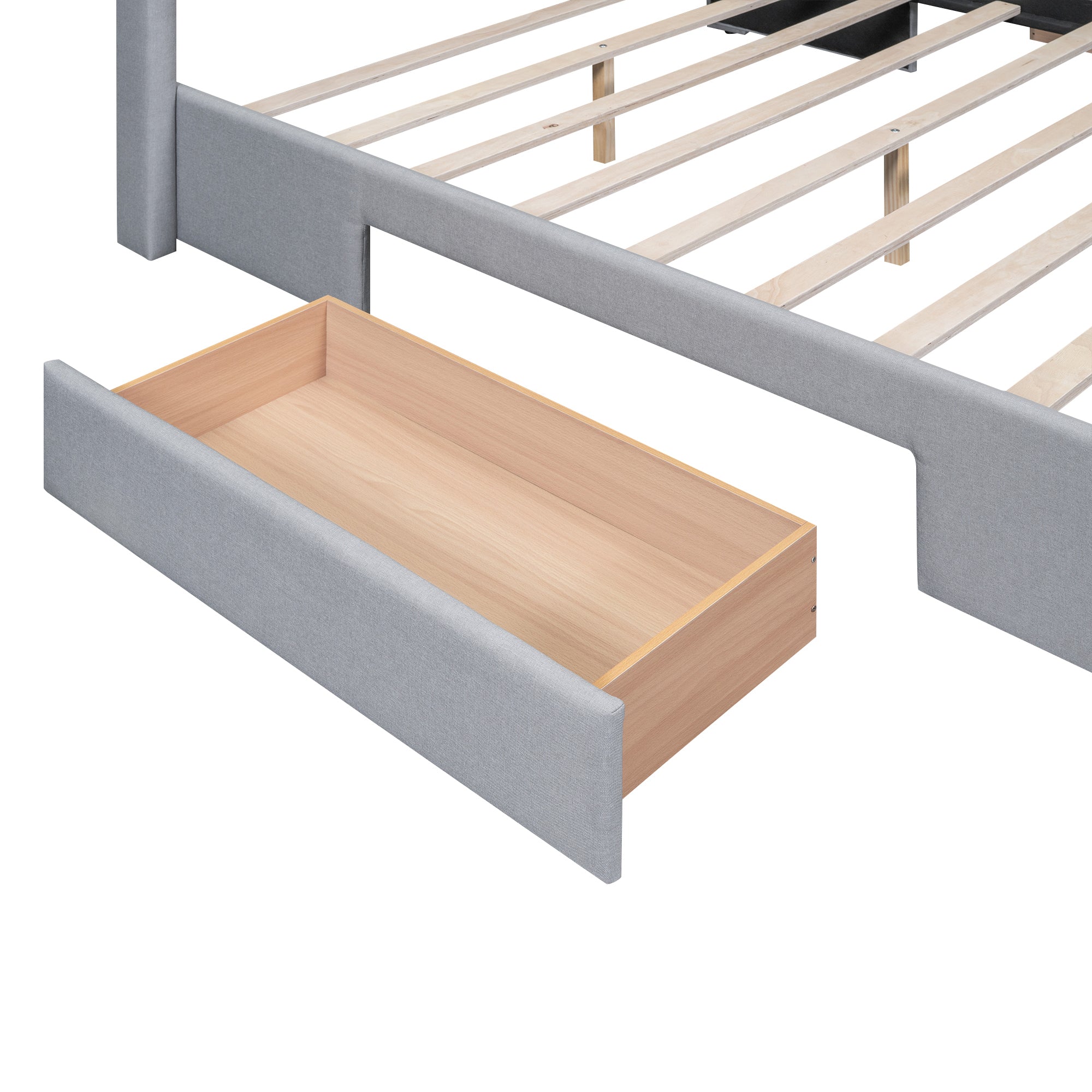 Queen Size Upholstered Platform Bed with One Large Drawer in the Footboard and Drawer on Each Side,Gray - Atlantic Fine Furniture Melbourne FL