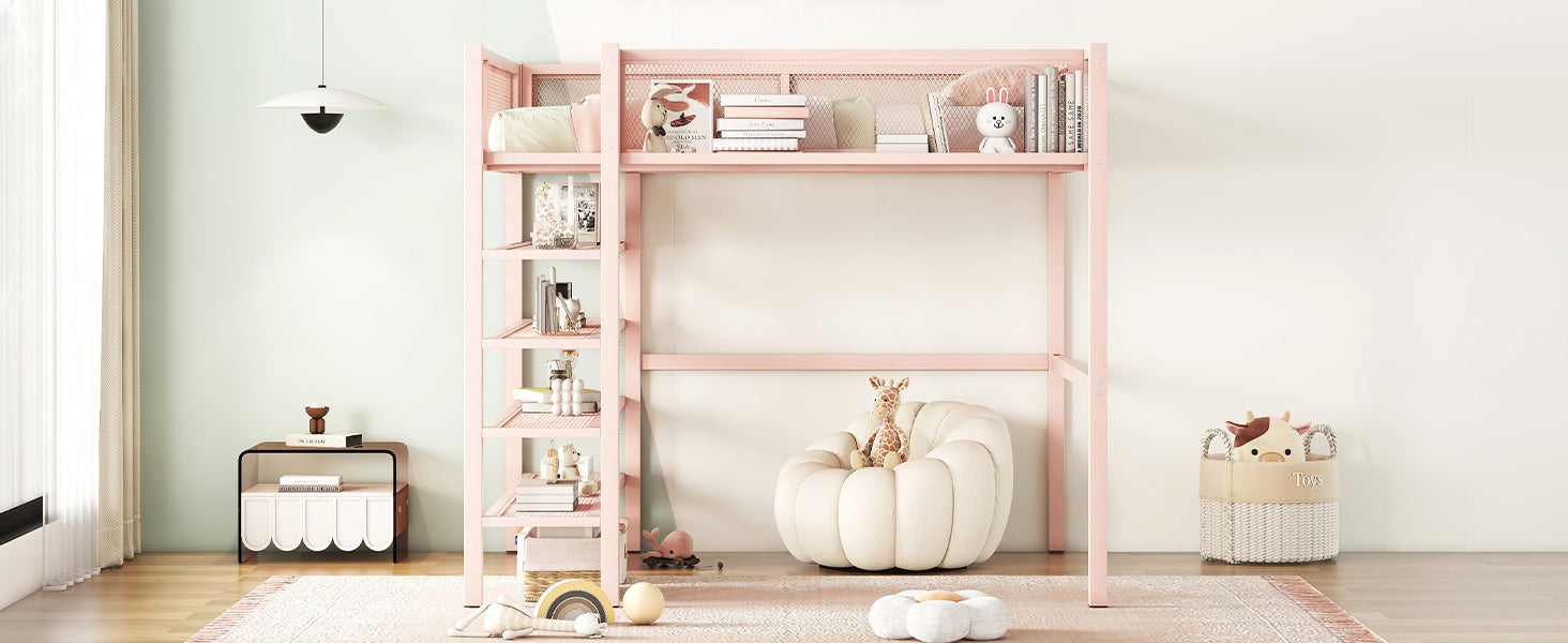 Full Size Metal Loft Bed with 4-Tier Shelves and Storage, Pink - Atlantic Fine Furniture Melbourne FL