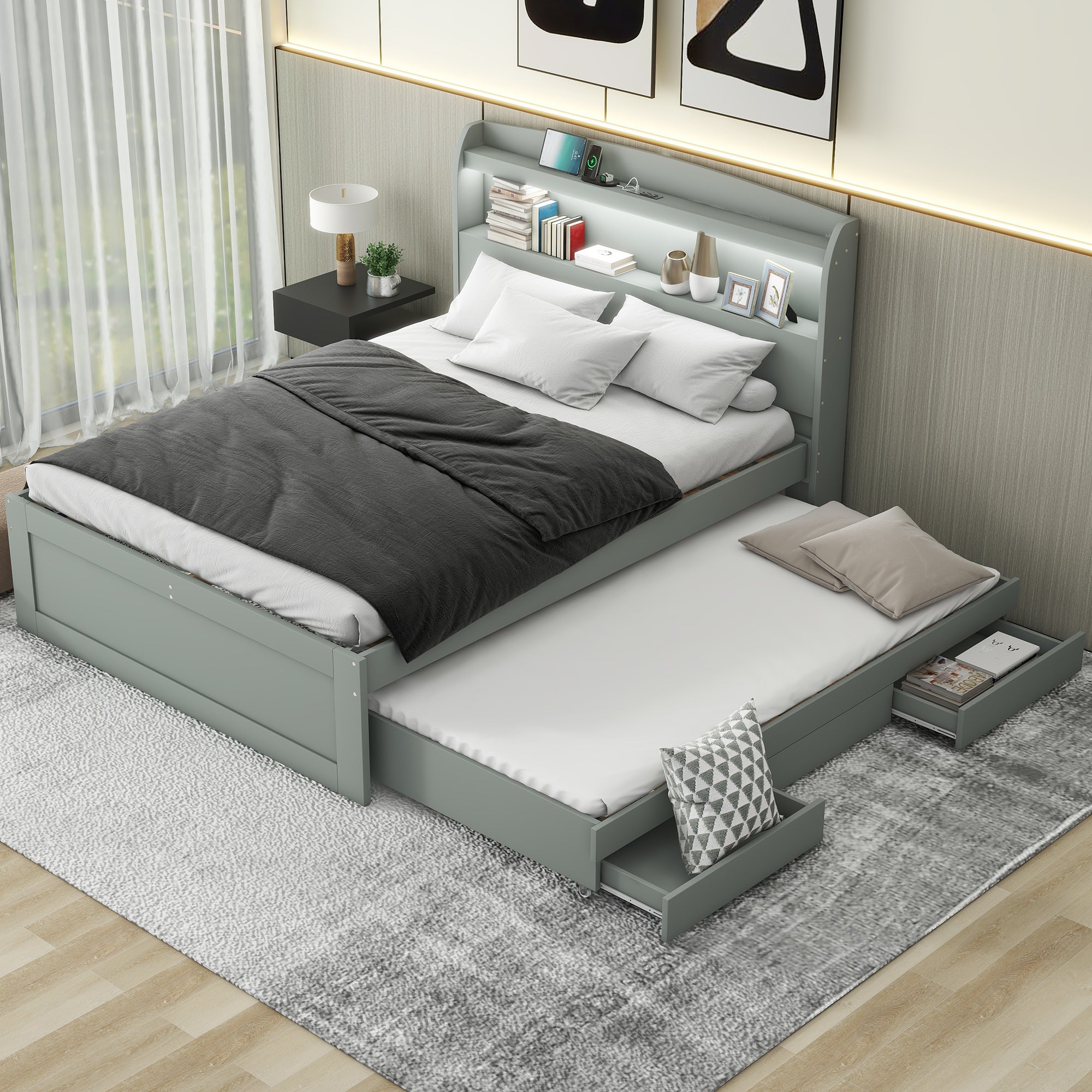 Full XL Size Platform Bed with Storage LED Headboard, Charging Station, Twin Size Trundle and 2 Drawers, Gray - Atlantic Fine Furniture Melbourne FL