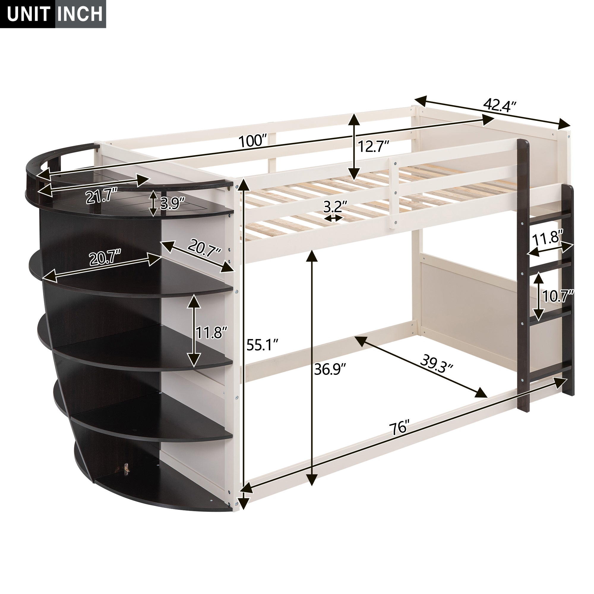 Twin over Twin Boat-Like Shape Bunk Bed with Storage Shelves, Cream+Espresso - Atlantic Fine Furniture Melbourne FL